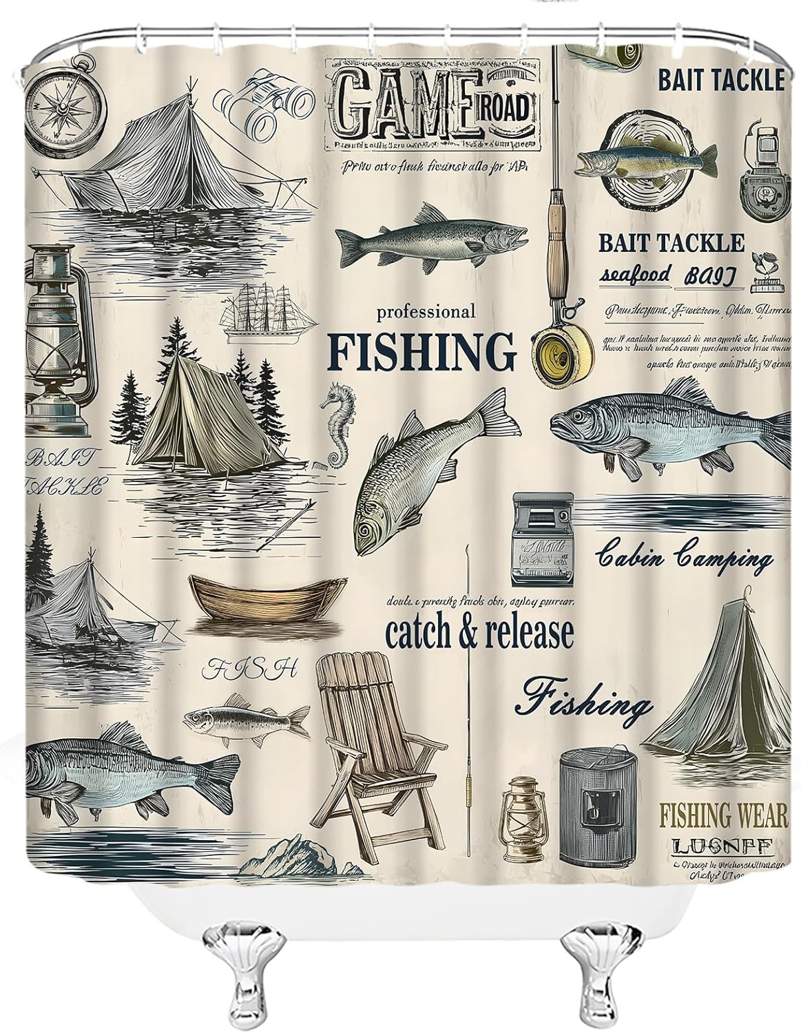 Fish Shower Curtain,Vintage Fishing Cabin Rustic Farmhouse Beige Polyester Bathroom Curtain with 12 Hooks,Bathtub Home Decor,70x84 Inch