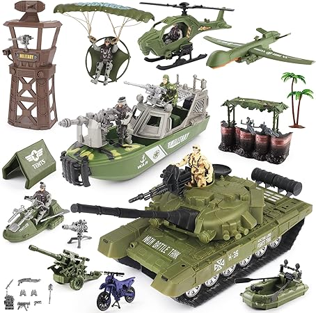 deAO Military Vehicles Toy Set Combat Boat,Helicopter,Tank Toy,with 5 Army Men Figures,Boat Toy and Other Weapon Gear Equipment Accessories,Great Amry Toys for Boys Kids