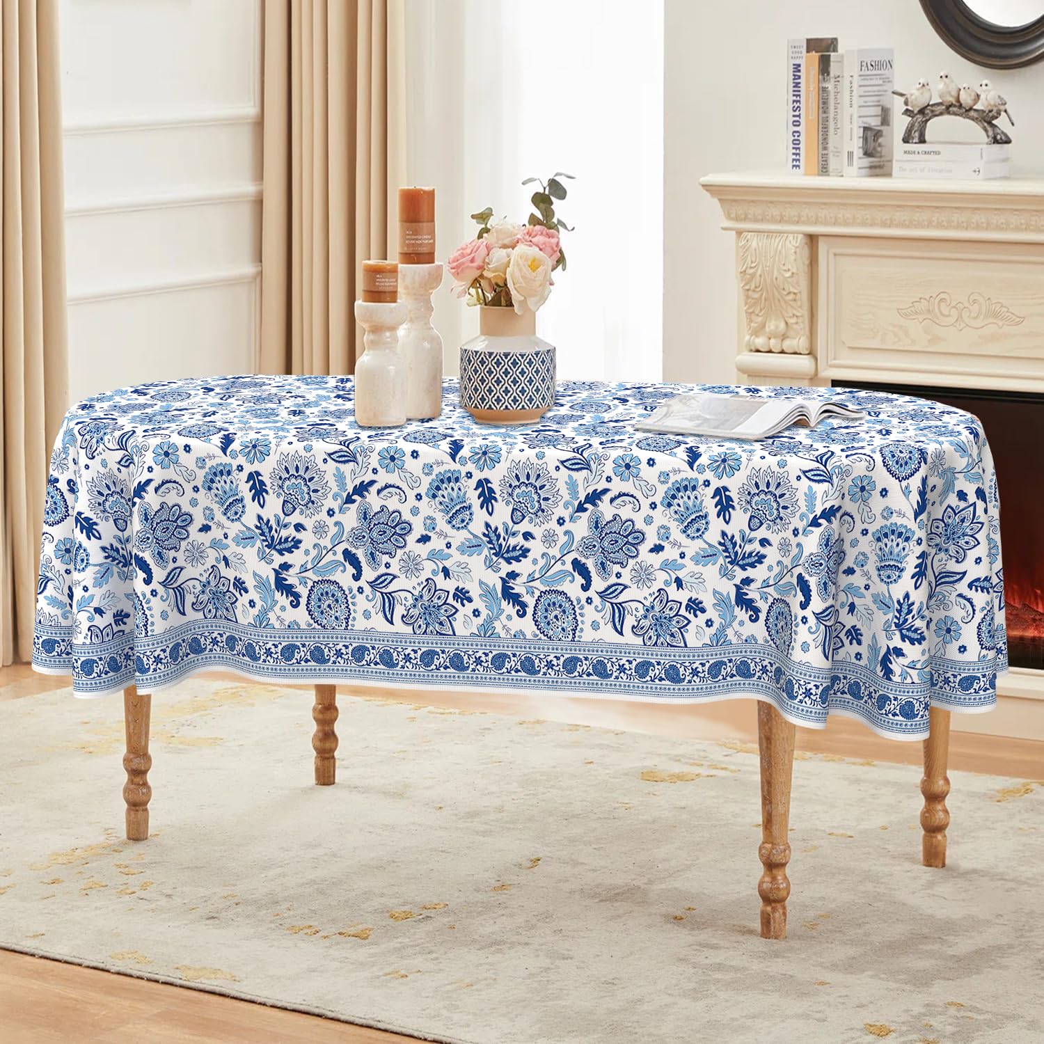 ZORKET Oval Tablecloth 60 x 84 Inch, Blue Paisley Floral Flower Oval Table Cloth, Washable Wrinkle Free Oval Table Cover for Kitchen Dinning Party
