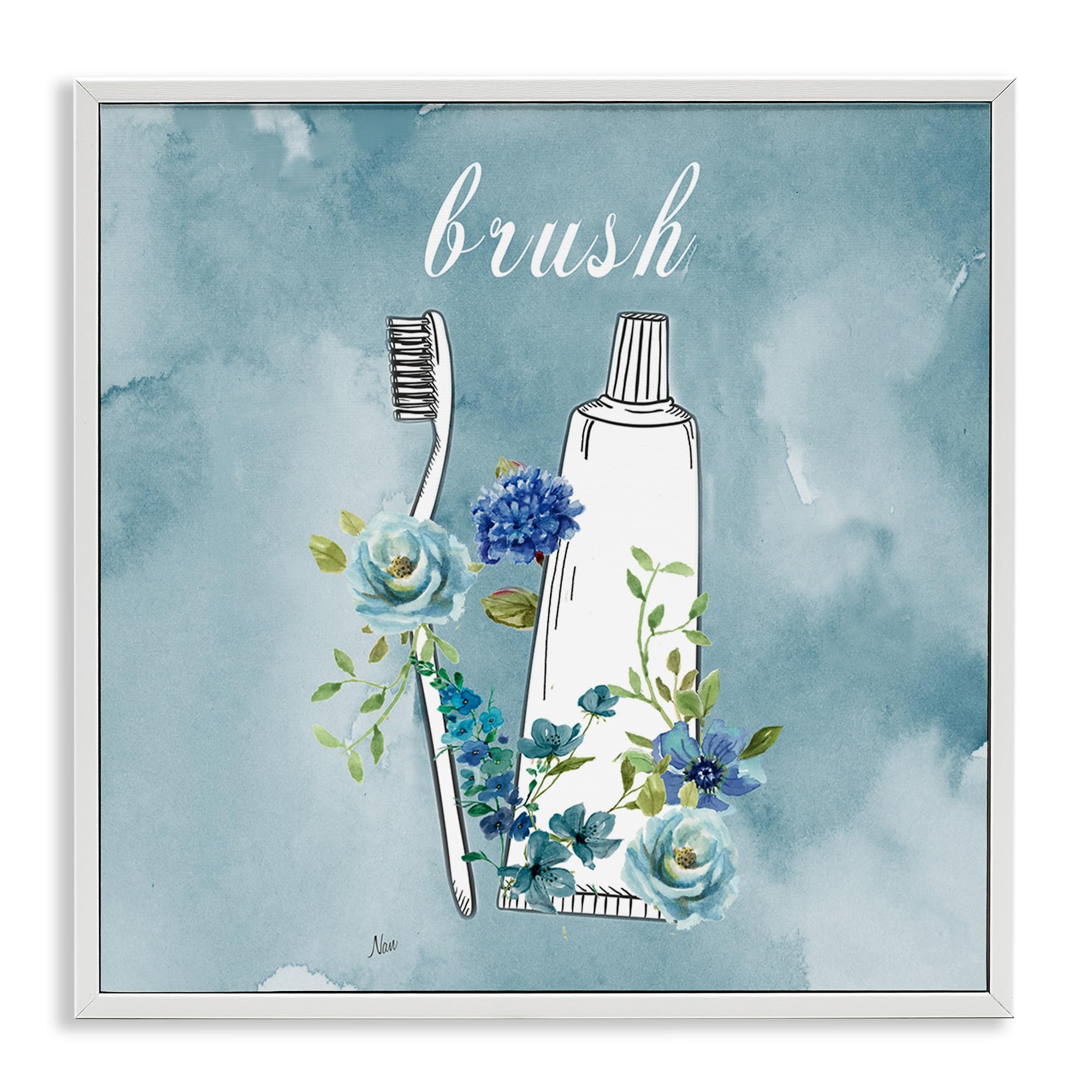 Stupell Industries 'Floral Bathroom Rules Brush', Framed Giclee Art, White, 24 x 24 Inches, Easy to Hang and Sturdy, Made in USA, by Nan