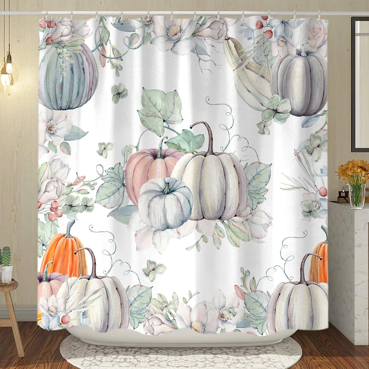Fall Teal Pumpkin Shower Curtains, Cute Autumn Thanksgiving