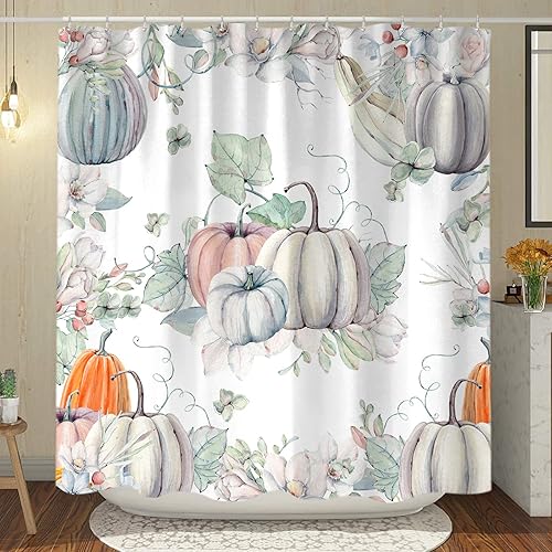 Cortinas de ducha de calabaza verde azulado otoñal, lindo juego de cortina de ducha de tela de calabaza de acuarela de otoño para decoración de baño