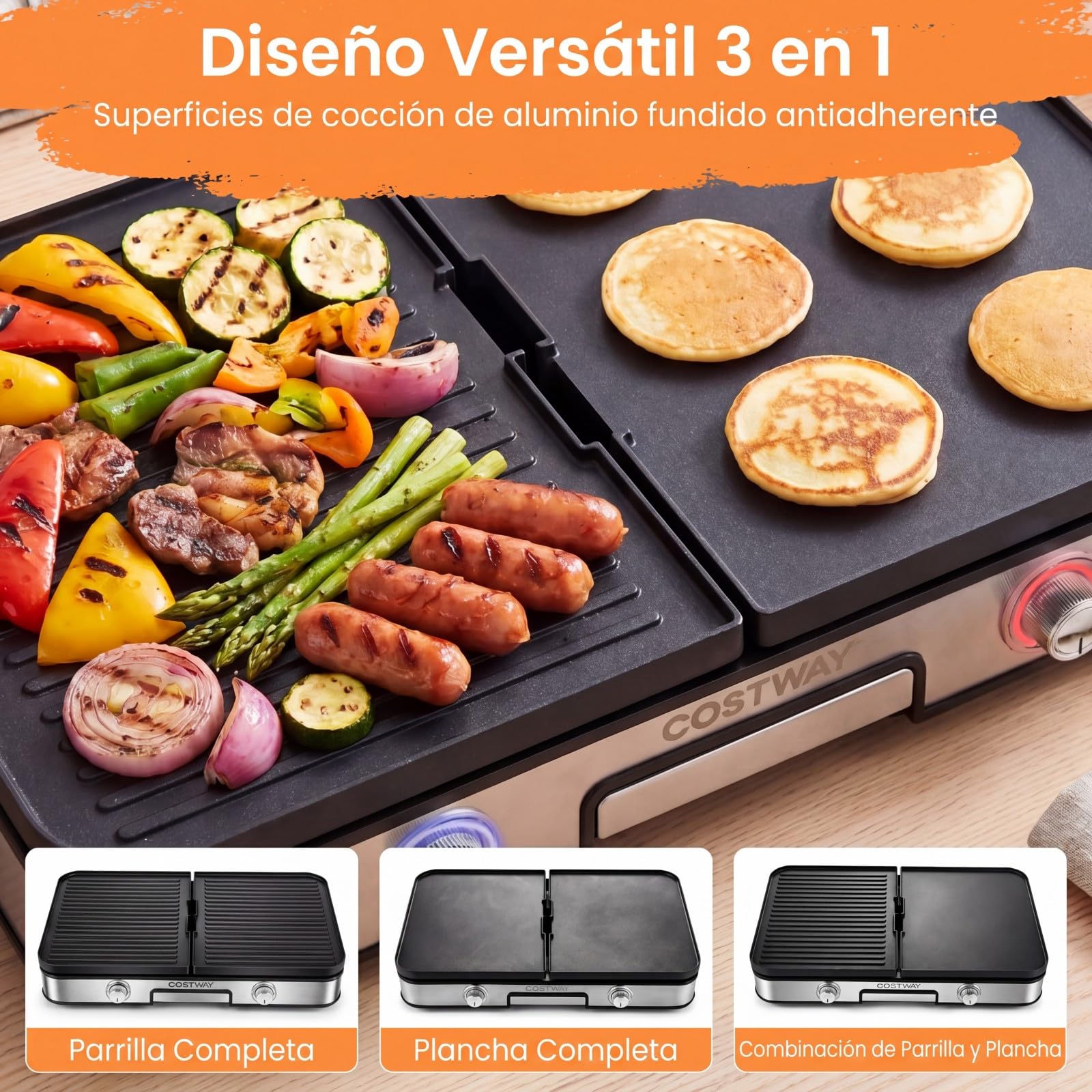 COSTWAY Plancha Cocina 3 en 1, Parrilla Eléctrica 2000W con 2 Placas Reversibles, Temperatura Ajustable y Control Independiente, Superficie Antiadherente, Grill Barbacoa Interior Exterior Picnic