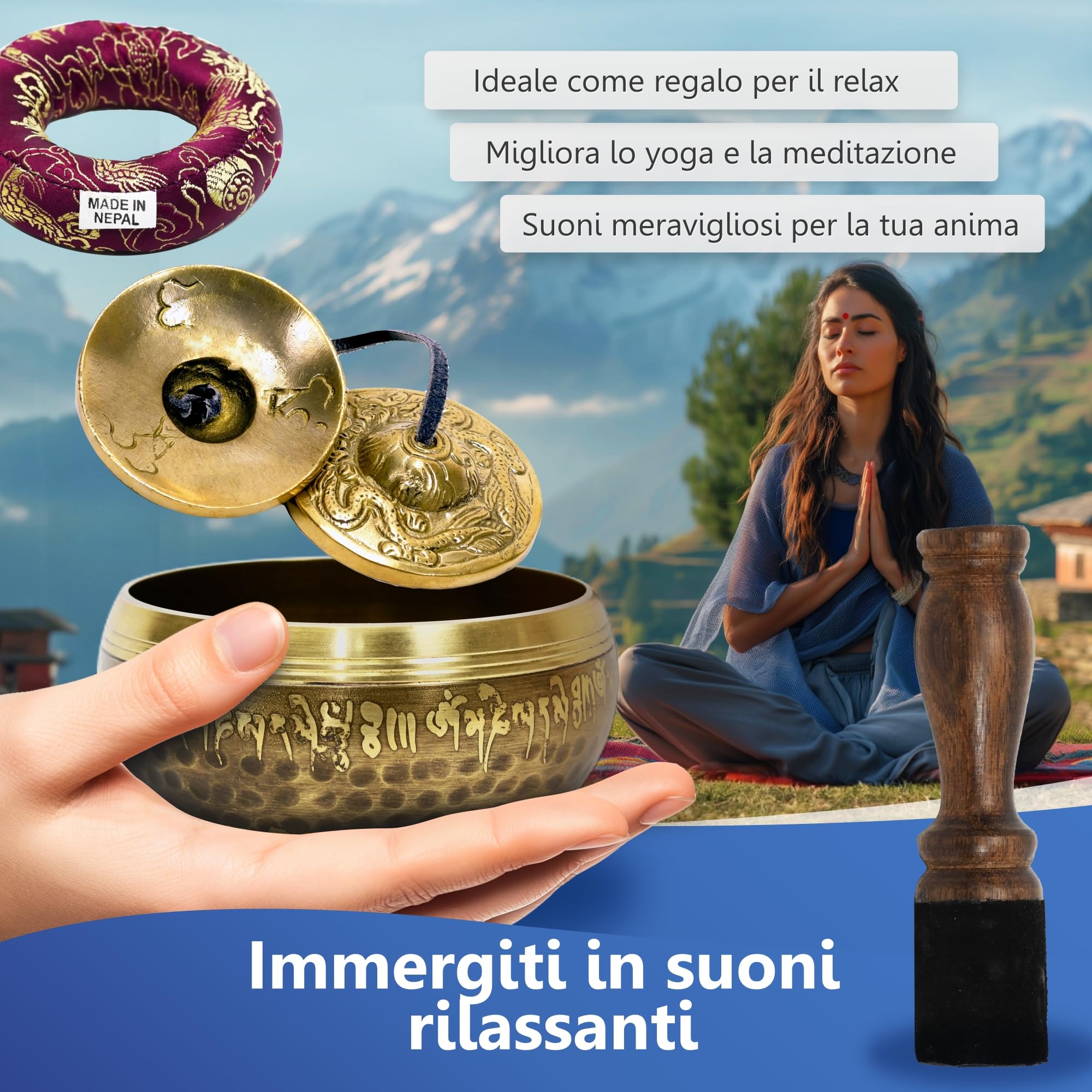 Campana Tibetana – Ø10 cm – Cimbali tibetani – Tingsha – Bruciatore incenso – Incenso di Corda – In Scatola di Lokta – Set di Accessori per Meditazione e Yoga – Fatto a Mano in Nepal