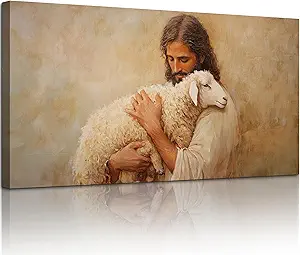 SERIMINO Jesus and Lamb Large Wall Art, Christian Art Wall Decor for Serenity Prayer, Bible Parable of the Lost Sheep Religious Art Prints, The Good Shepherd Pictures for Living Room Bedroom 24"X48"
