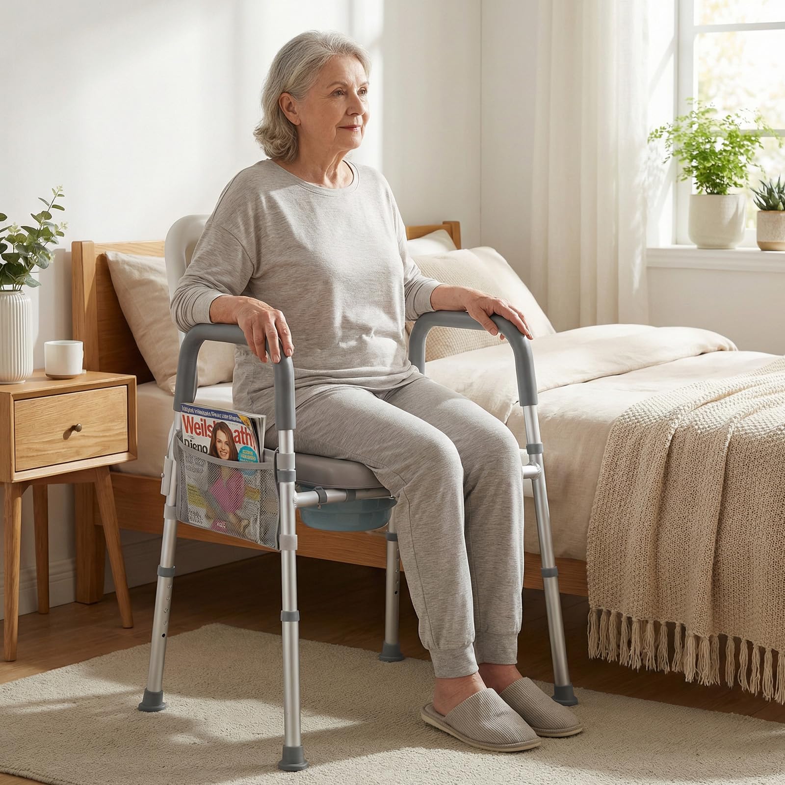 COSTWAY Krzesło toaletowe 3 w 1 dla seniorów, 5-stopniowa regulacja wysokości, krzesło nocne ze zdejmowanym wiadrem, wyściełane siedzisko, podłokietniki i oparcie, podwyższona deska sedesowa, krzesło