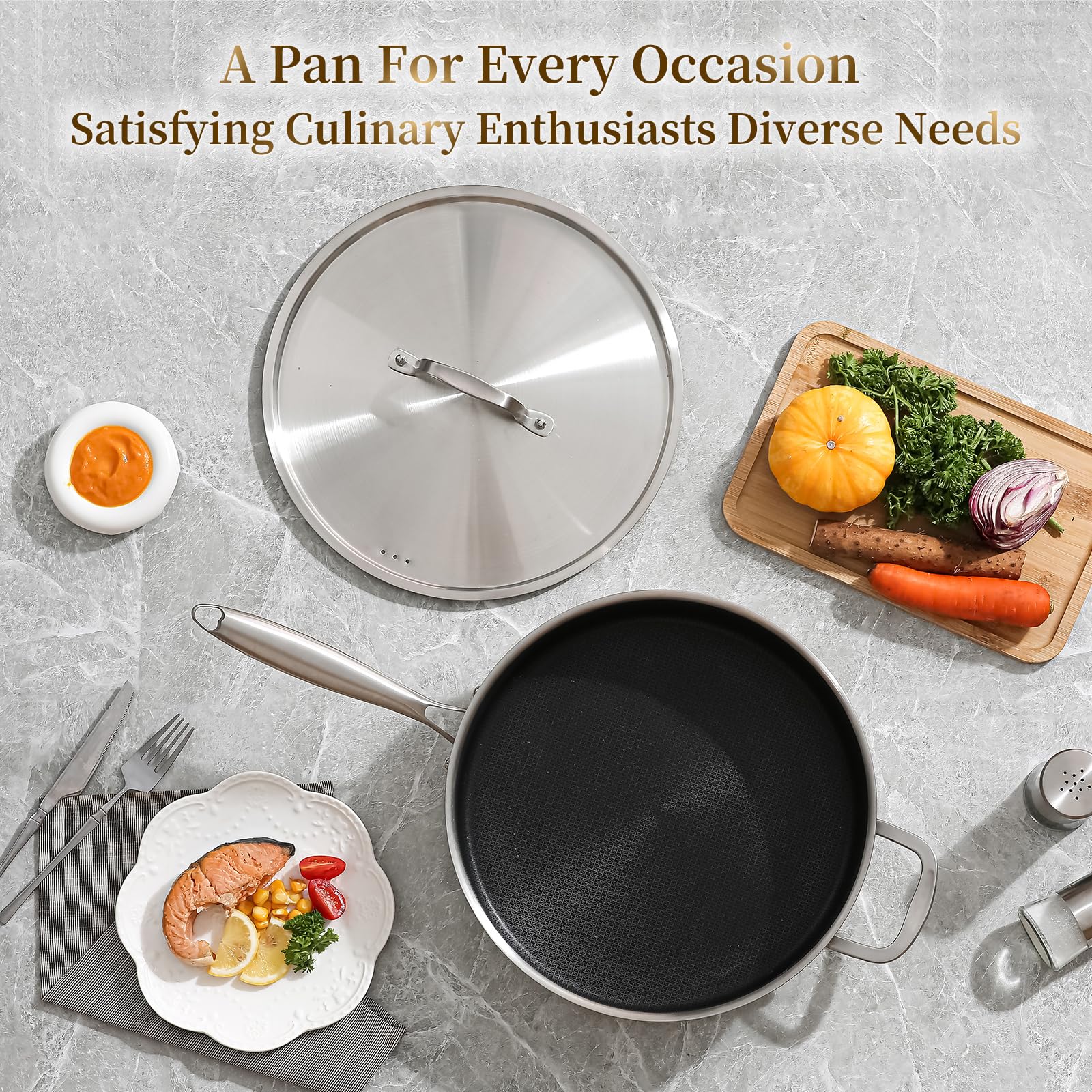 DELARLO Sartén de acero inoxidable de tres capas de 7 cuartos de galón, sartén grande de 12 pulgadas con tapa, sartén jumbo con tapa, estilo resistente compatible con todas las cocinas de hasta 343.3
