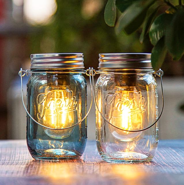 MJ PREMIER Mason Jar Lights Hanging, 2-Pack Battery Operated Table Lamp, Glass Cordless Lanterns with Timer, Outdoor Indoor Decor for Patio,Garden,Camping,Picnic,Party,Fireplace,Hallway(Clear/Blue)