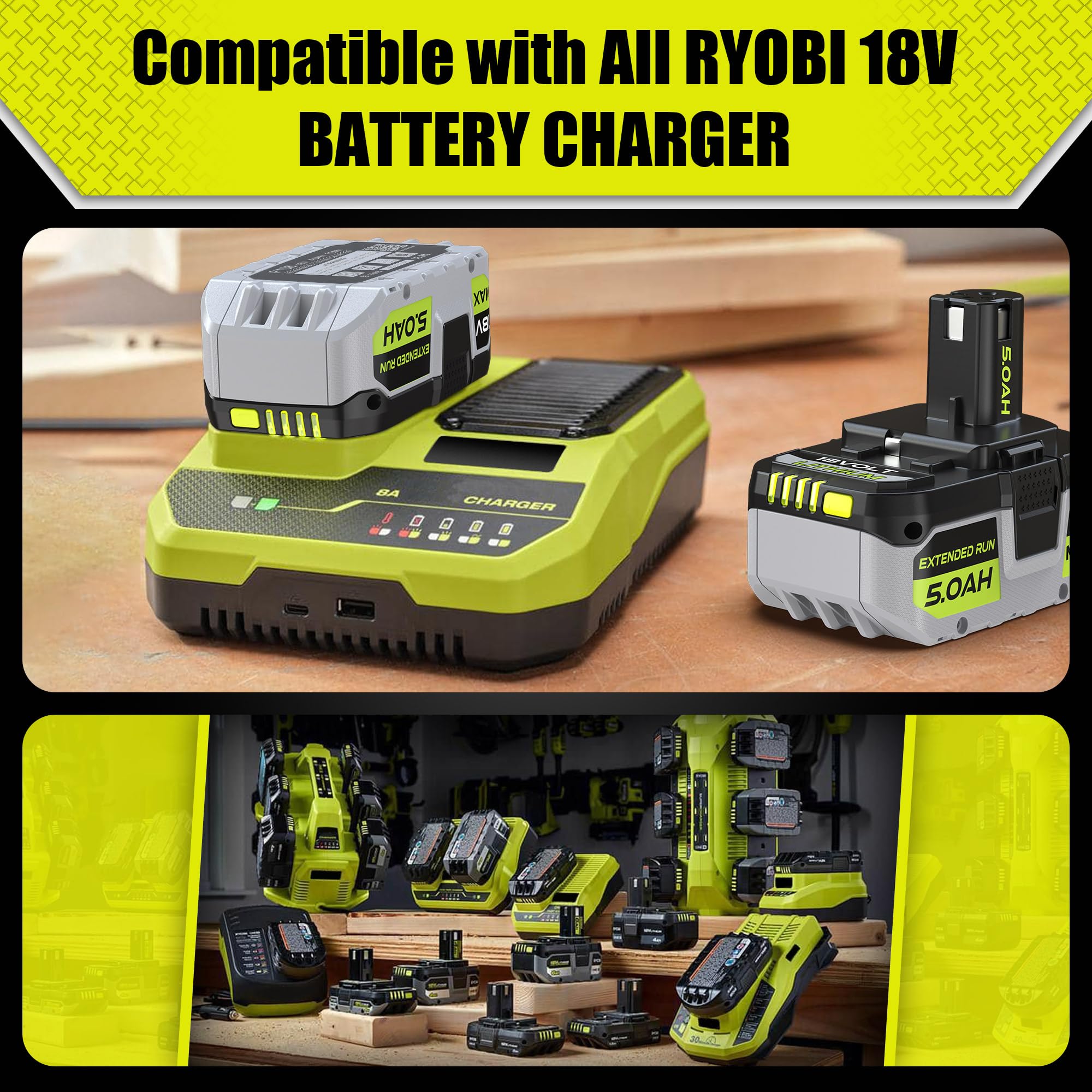5,0 Ah de rechange pour Ryobi 18 V ONE + batterie P108 P102 P103 P104 P105 P107 P109 P122 compatible avec Ryobi 18 V ONE + outils électriques sans fil