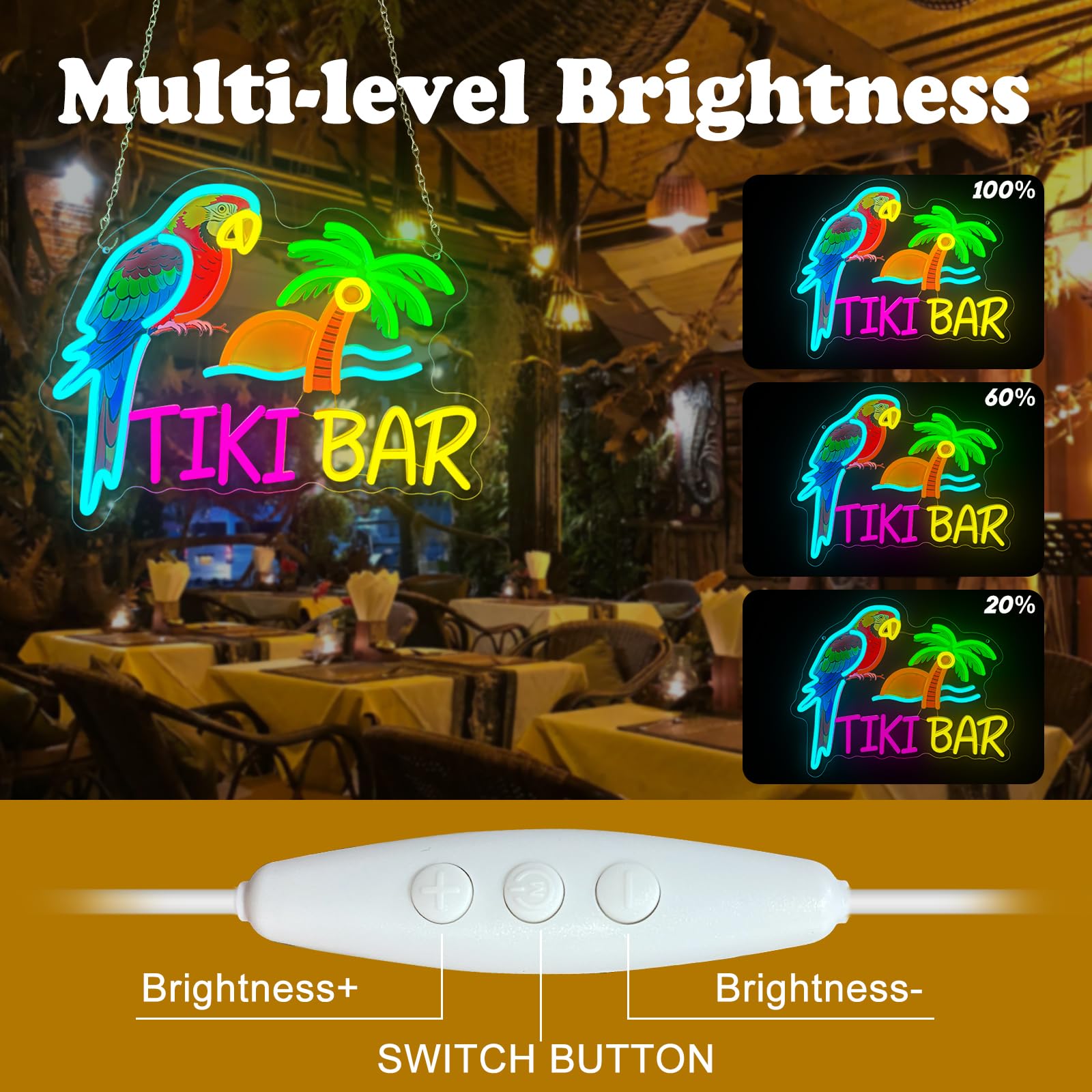 Tiki Bar Targa neon tropicale pappagallo palma LED luce al neon alimentata tramite USB, dimmerabile, spiaggia, tramonto, bar, illuminazione a LED, decorazione da parete per casa, grotta degli uomini