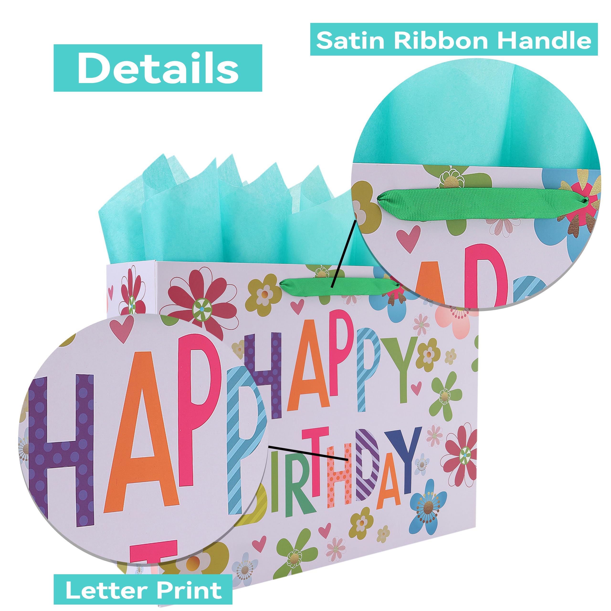 16.5" Extra Large Rose Green Gift Bag Set With Handles, Greeting - View #2