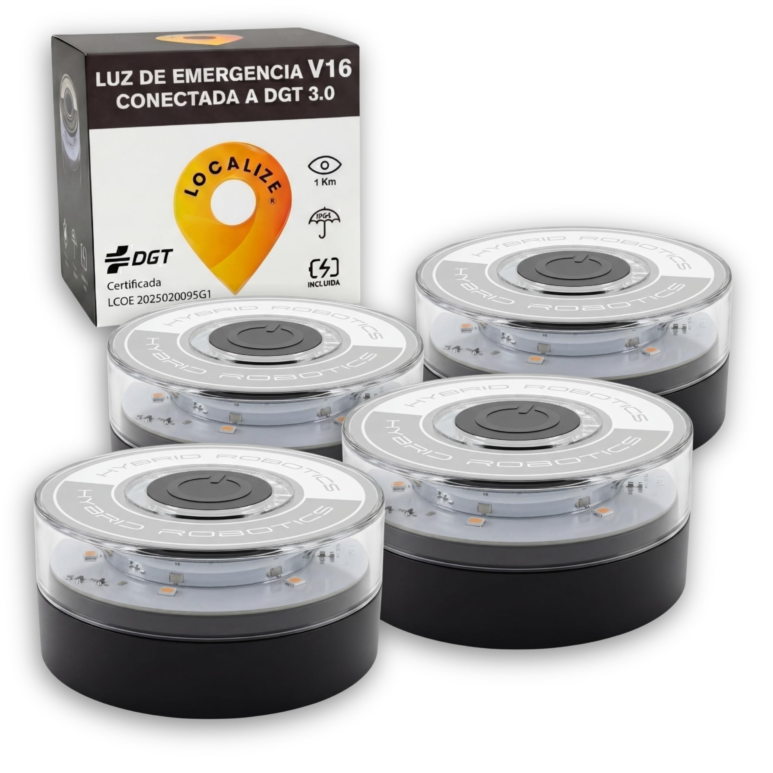 4 Balizas V16 Luz de Emergencia Homologada DGT 3.0 Geolocalizada SIM Integrada Datos 15 años- Resistencia IP54-780 lúmenes- +3h AutonomÃa - Pequeña y Compacta - Pack de 4