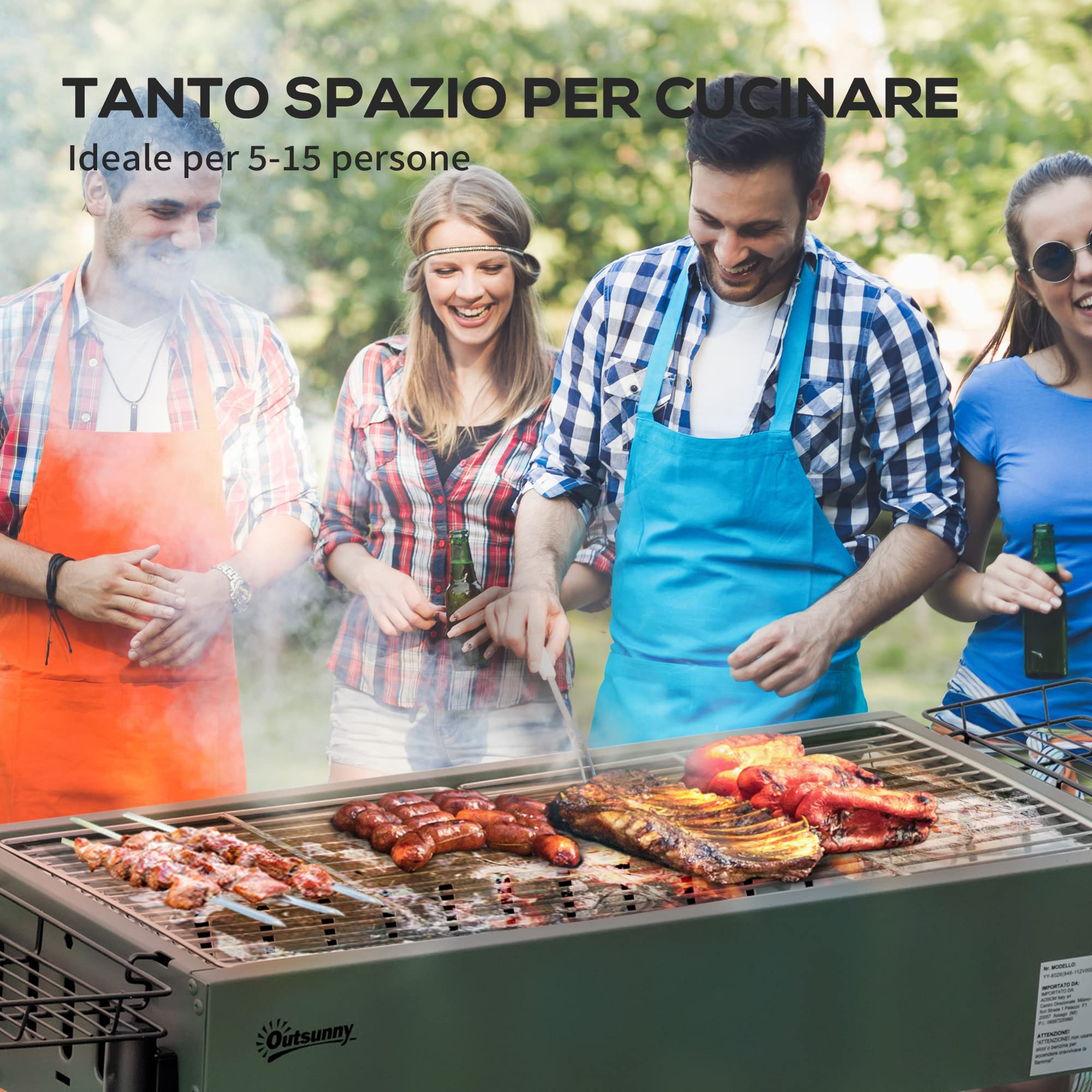 Outsunny Barbecue a Carbonella, BBQ Portatile, 94x39x70cm, Verde Scuro | 2 Griglie in Acciaio, a Carbone, Cestini Laterali, Gambe Rimovibili
