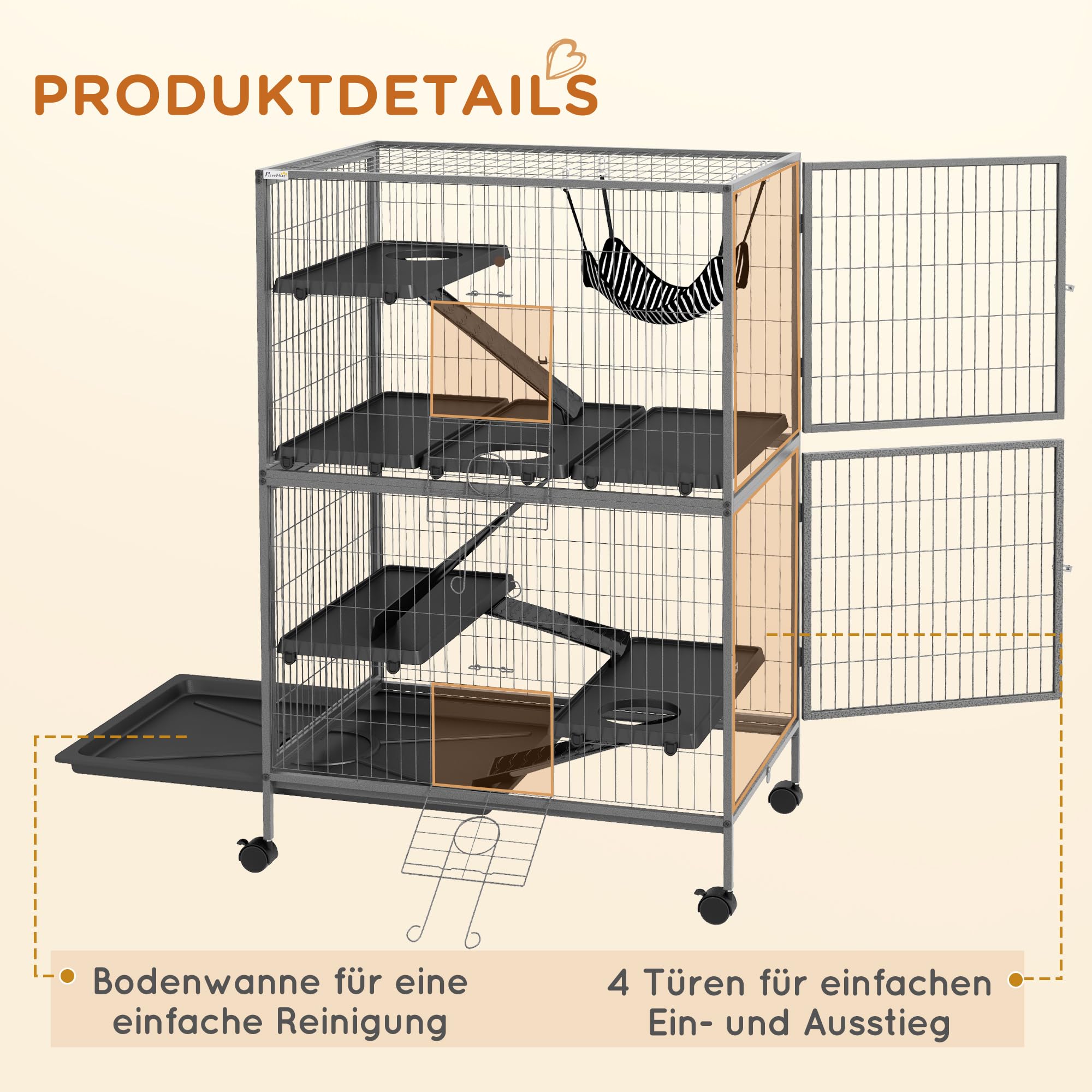 PawHut Freigehege Kleintiergehege mit ausziehbarem Tablett, Hängematte, Rampen, Rollen Kleintierkäfig Gehege für Kleintiere, Eichhörnchen Chinchilla, 80 x 52 x 128 cm Grau