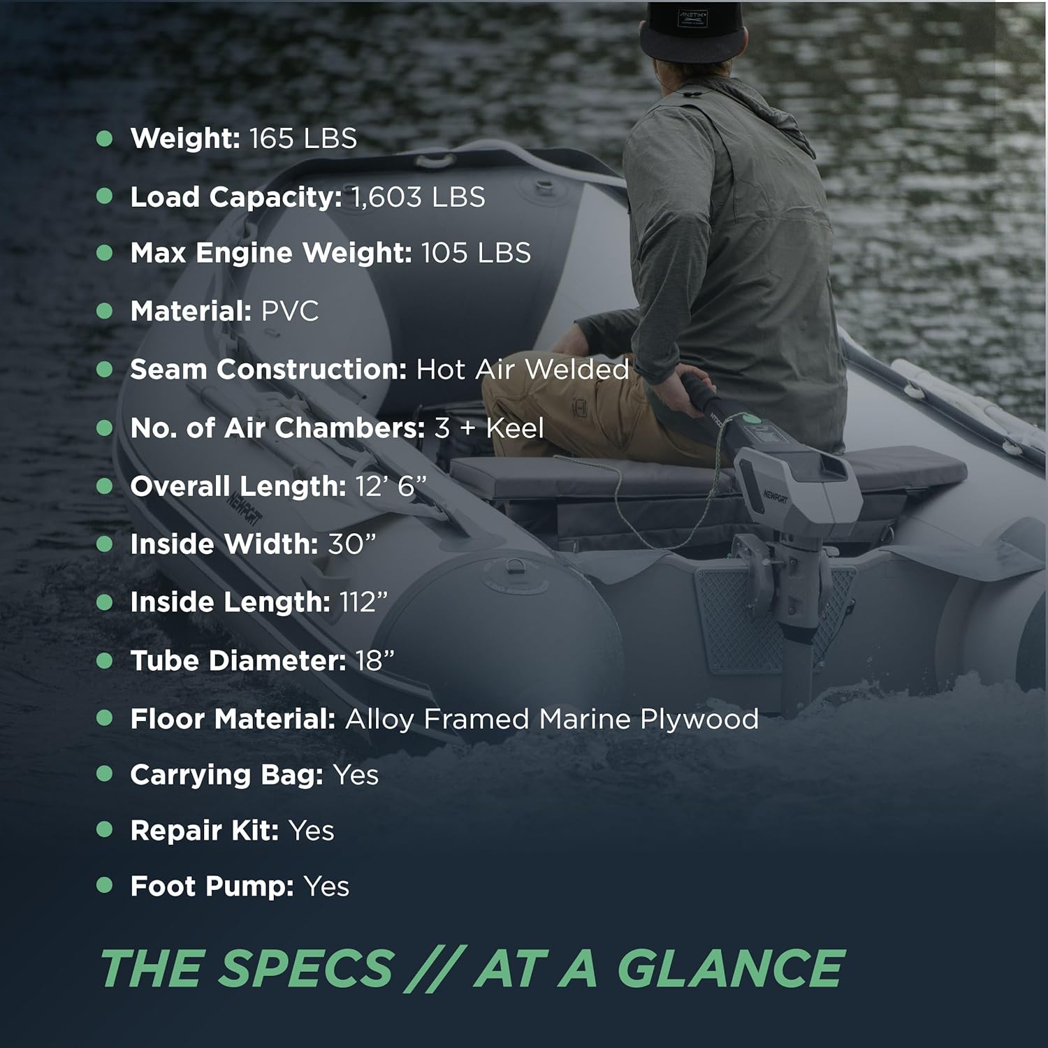 Newport 12ft 6in Catalina Inflatable Dinghy Boat Transom Sport Tender - 6 Person - 20 Horsepower USCG Rated, White/Gray