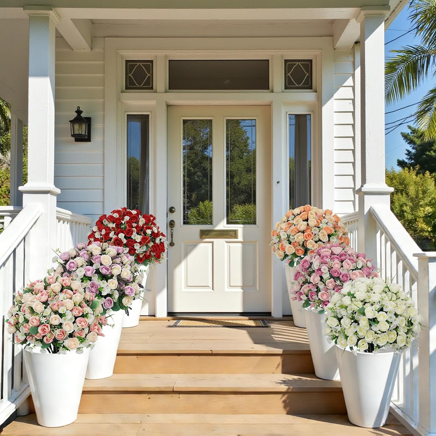 24" Artificial Outdoor Flowers Set of 2, Faux Rose with Eucalyptus Plants in Cement Pots, UV Resistant Potted Fake Silk Flowers Arrangement for Front Porch, Entryway, Spring Home Indoor Decor