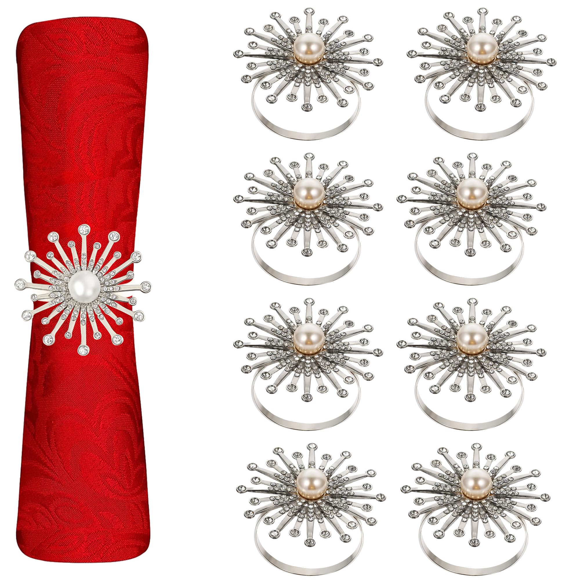 Trimming Shop Sunburst Motif Pearl Napkin Rings, Silver Napkin Ring Holders with Diamante Rhinestones, Table Decor Serviettes Holders for Christmas Dinner - Pack of 8