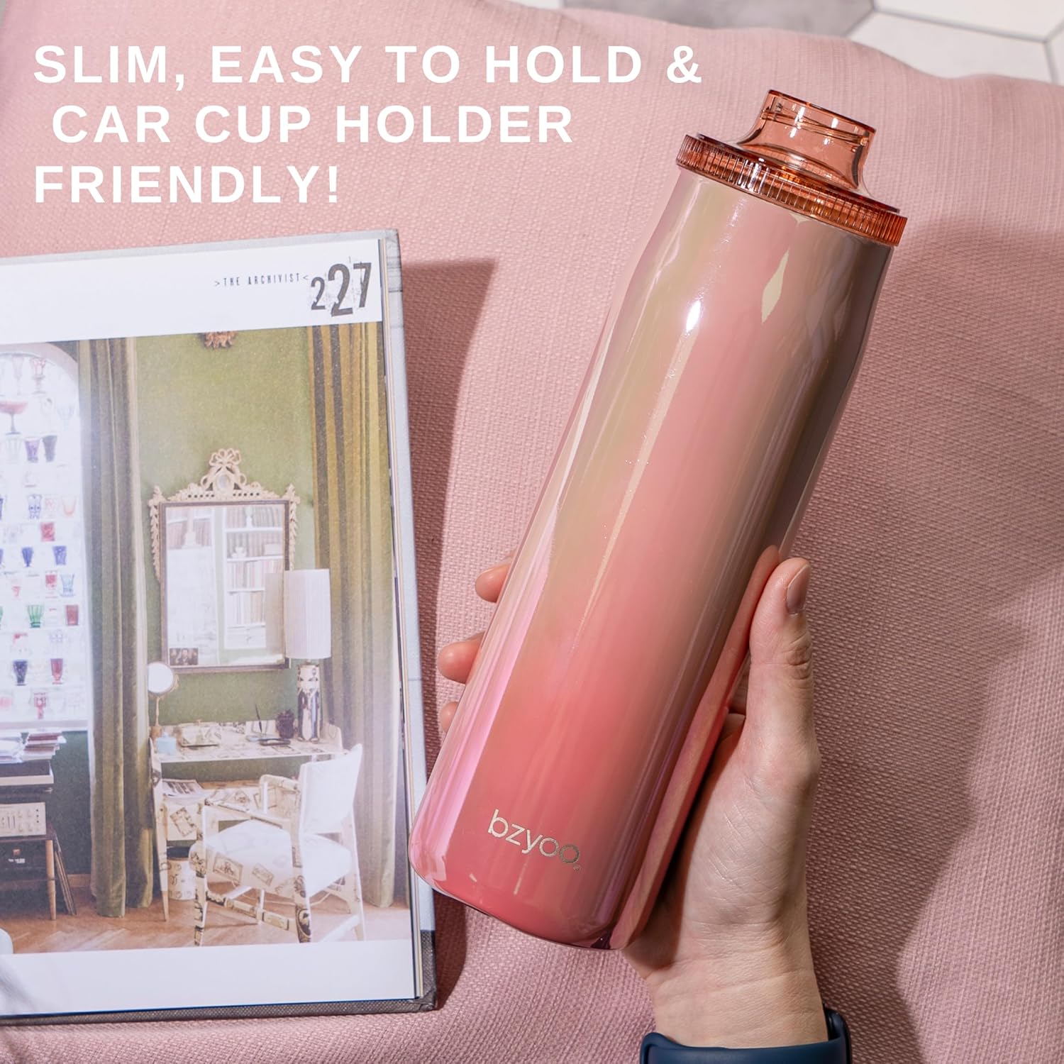 bzyoo 24oz Insulated Water Bottle with Clear Chug Lid - 100% Leakproof Stainless Steel Bottle, Aurora Iridescent Pink, BPA-Free Double Wall Vacuum Flask for Hot & Cold Drinks, Fits Car Cup Holders - Image 3