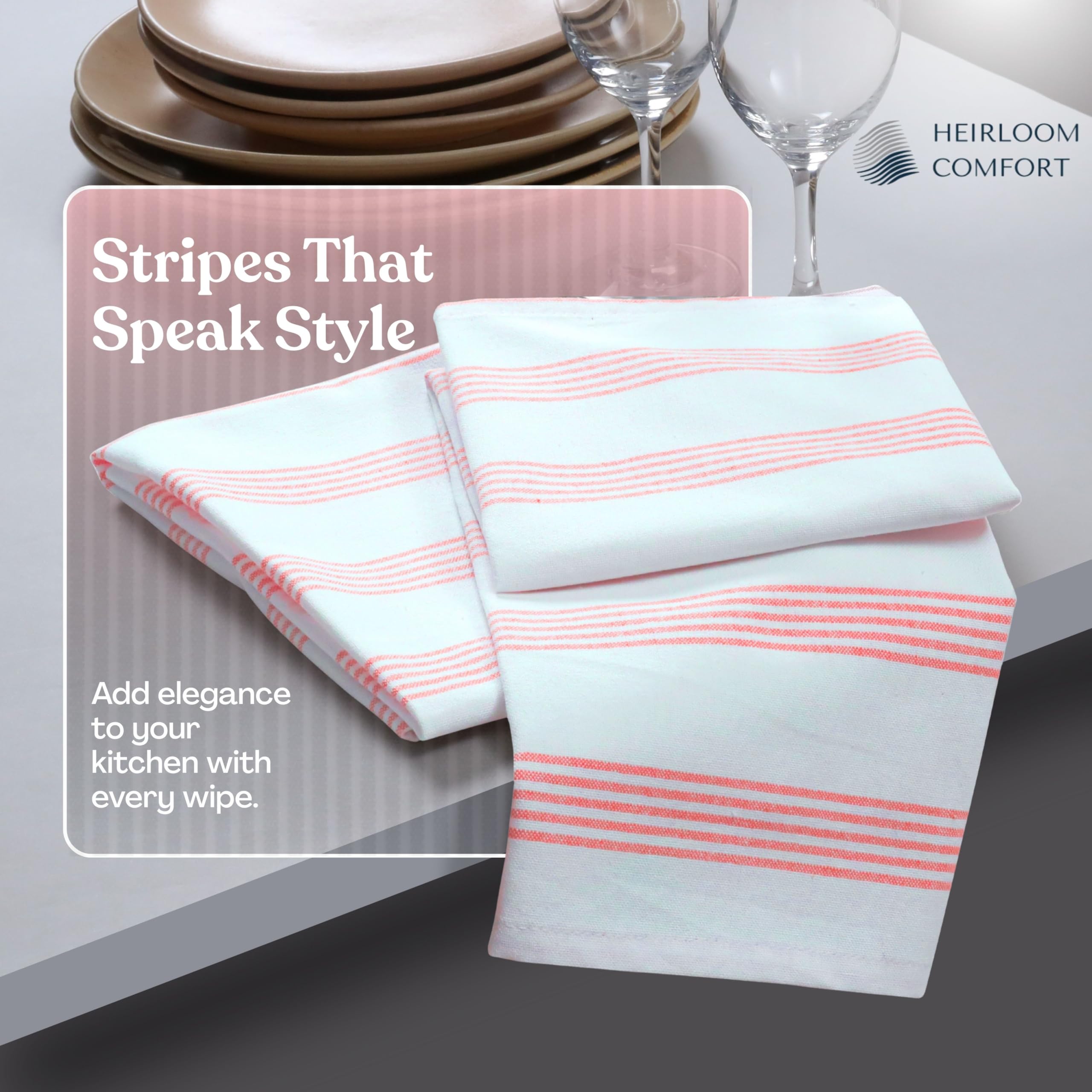 HEIRLOOM COMFORT Orange Stripe Cotton Kitchen Towels Set of 3, Durable & Super Absorbent Dishcloths Pack - Image 2