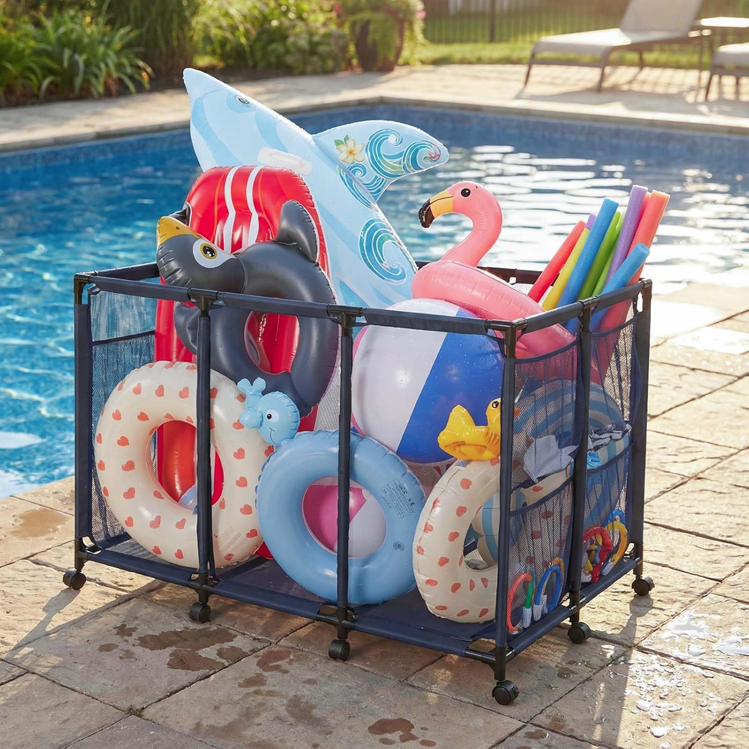 VEVOR Pool Storage Bin, 48.8 x 32.7 x 32.7 in, Rolling Pool Float Storage Organizer with Side Pockets & Casters, Heavy Duty Metal Frame, Poolside Toys Noodles Holder Mesh Basket for Swimming Pools