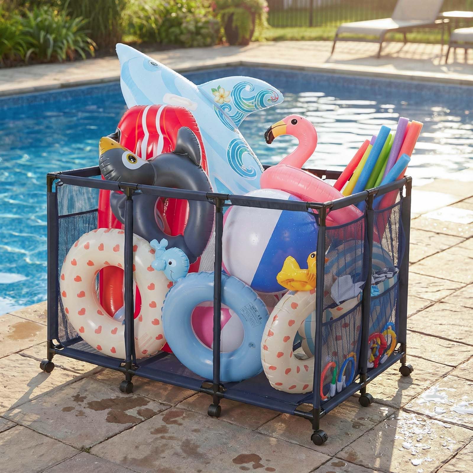 VEVOR Panier Rangement Flotteurs Piscine 125x84x84 cm Bac Stockage Bouées Maille avec Roulettes Poches Latérales Cadre Métal