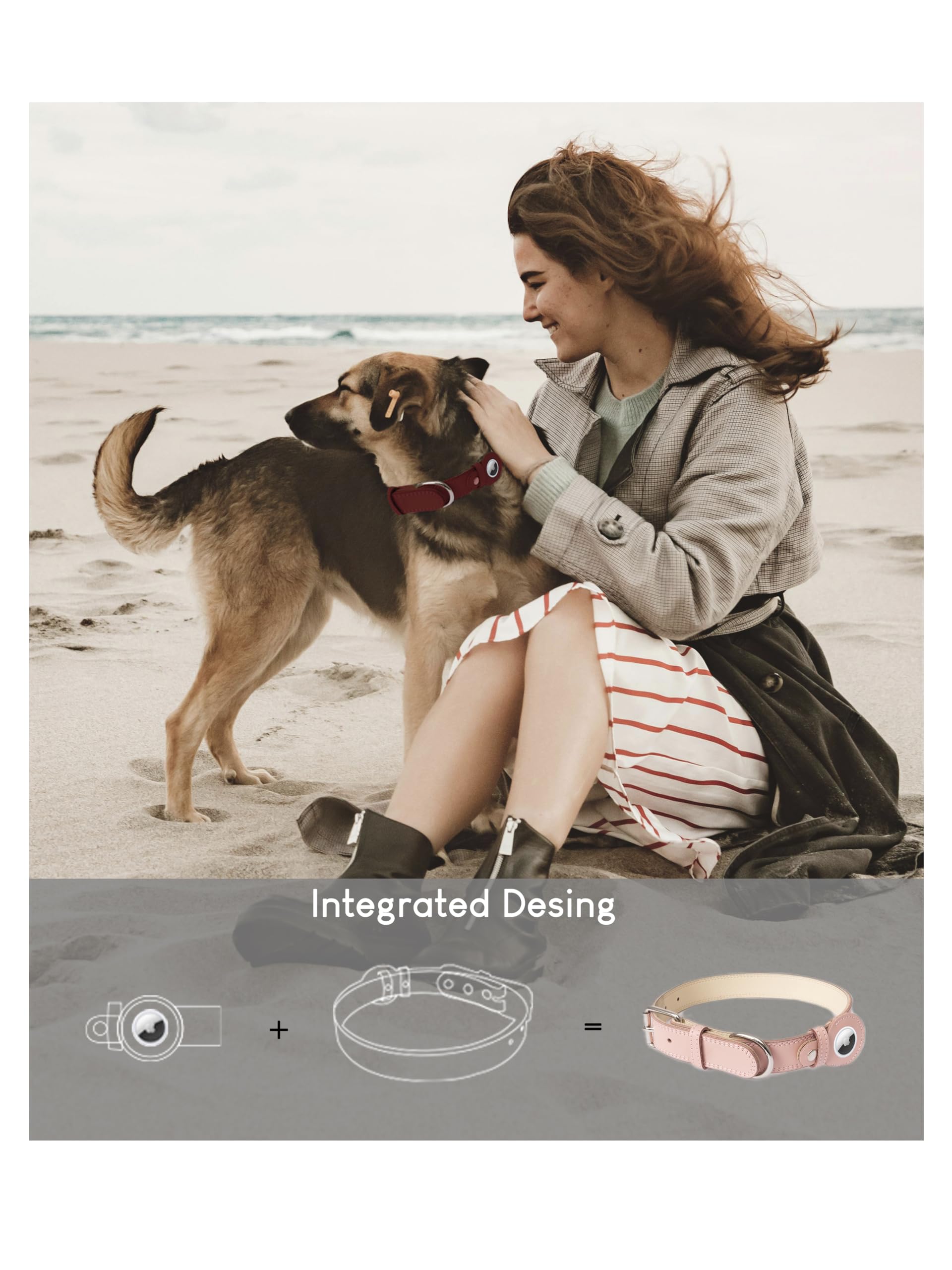 Hundehalsband aus echtem Leder mit Apple-AirTag-Halterung für kleine, mittelgroße und extra große Welpen, mit Metallschnalle, strapazierfähig, genarbtes weiches Leder, gepolstert, Rot, Größe S, 25,4 -