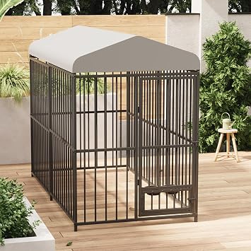 8X4x6 FT Outdoor Dog Kennel with Roof, Heavy-Duty Large Dog Cage with Lock, Waterproof Cover & Bowls, Secure Metal Pet Enclosure for Medium & Large Dogs