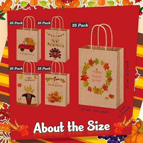 Miniatura 3 de Yeaqee 100 bolsas de regalo de Acción de Gracias, bolsas de regalo de papel kraft de Acción de Gracias con asas, bolsas de regalo de calabaza, pavo,