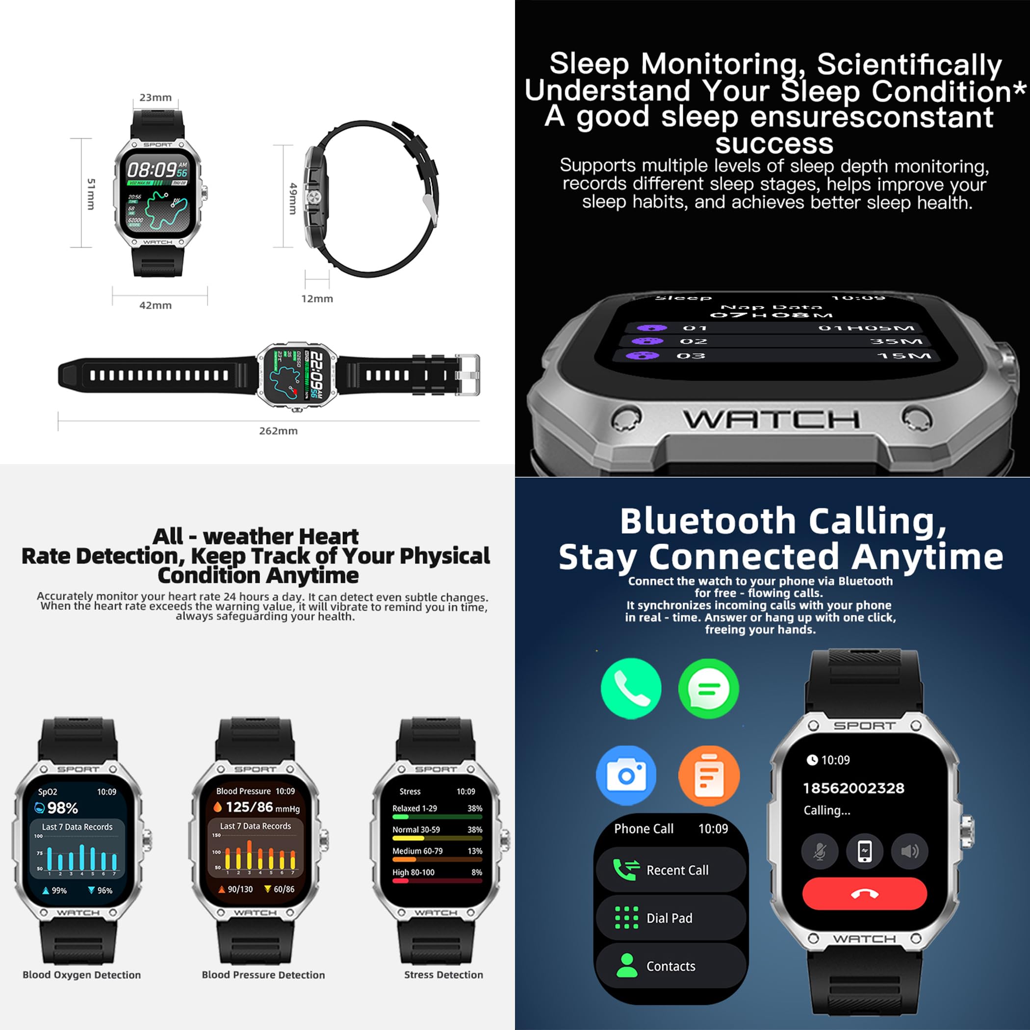 Reloj inteligente GPS de 1,83 pulgadas AMOLED para hombre con función de teléfono, batería de 370 mAh, reloj deportivo con llamadas con monitor de sueño, resistente al agua 5 ATM, reloj