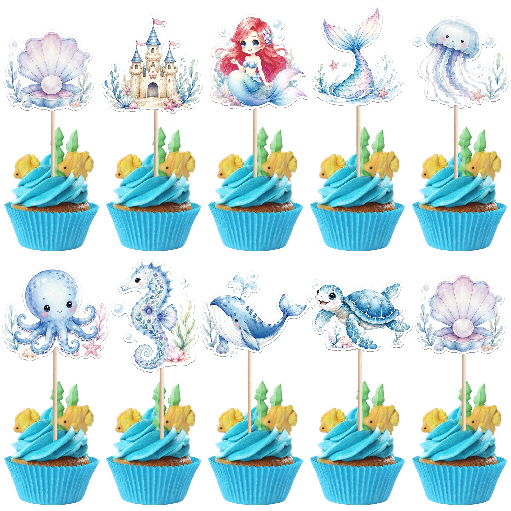 36 Stück Ozean Tier Tortendeko Nixen Oktopus Turtle Kuchen Deko Schloss Delfin Cupcake Toppers für Unter dem Meer Thema Baby Dusche Geburtstag Party Kuchen Dekoration