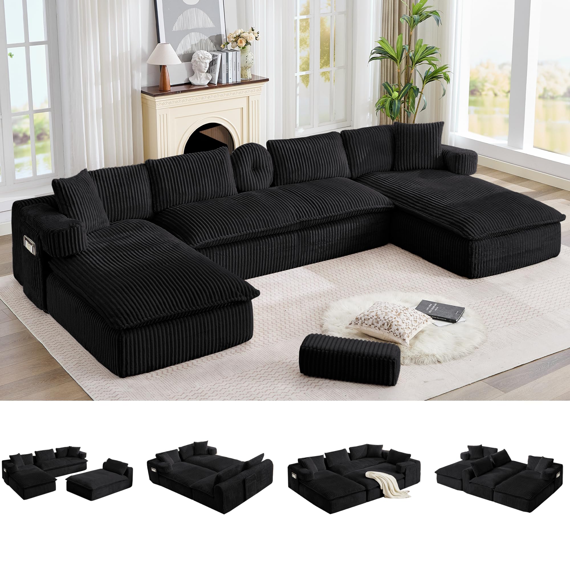 Oversized Cloud Boneless Couch with Chaise, 149" Modern U Shape Modular Deep Seat Sectional Sofa, Comfy Corduroy Upholstered Couches for Living Room, No Assembly Required, Black