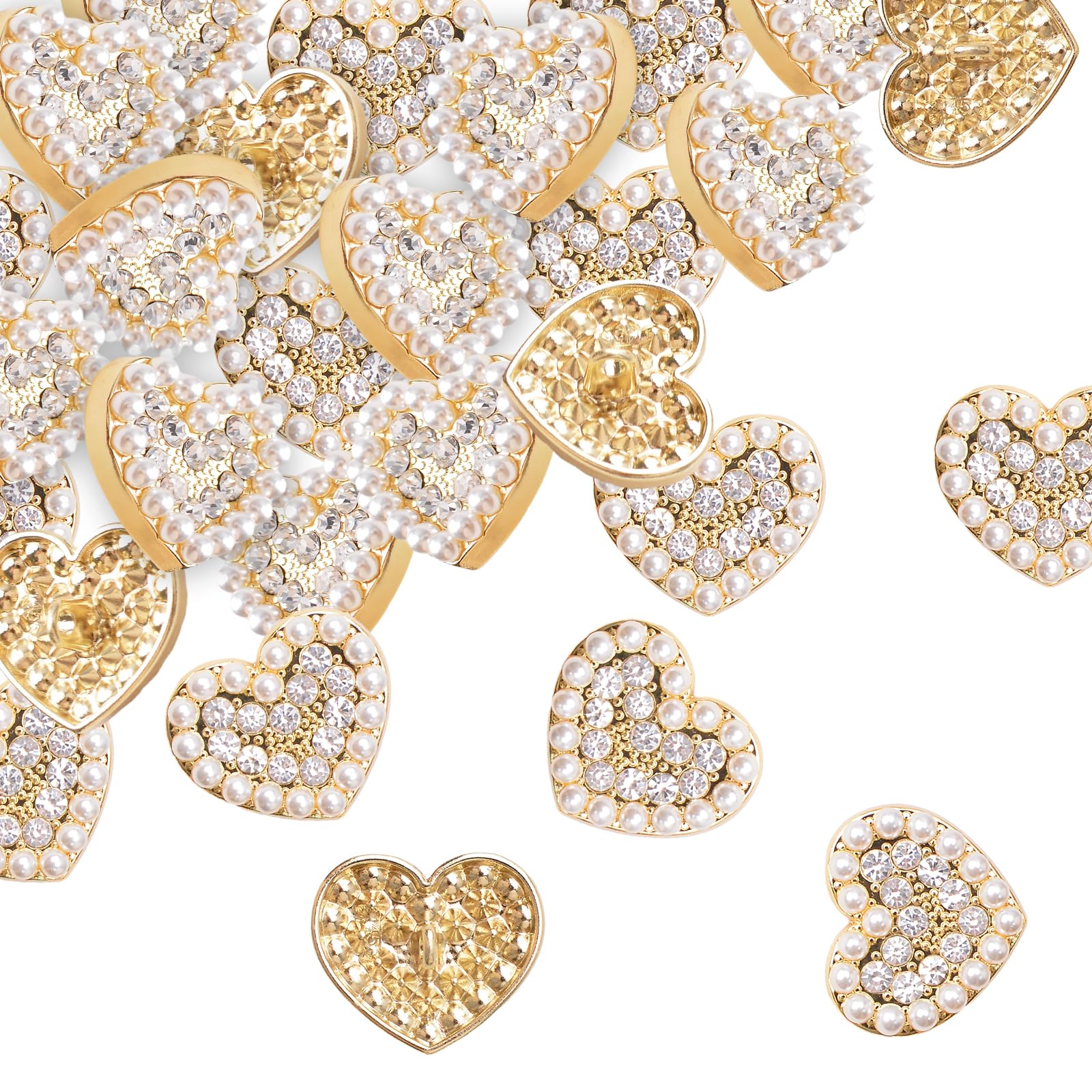 URROMA 20 Pcs Faux Pearl Rhinestone Heart Buttons, White Retro Vintage Buttons Heart Metal Buttons Sew on Buttons Embellishments for DIY Crafts, 23mm