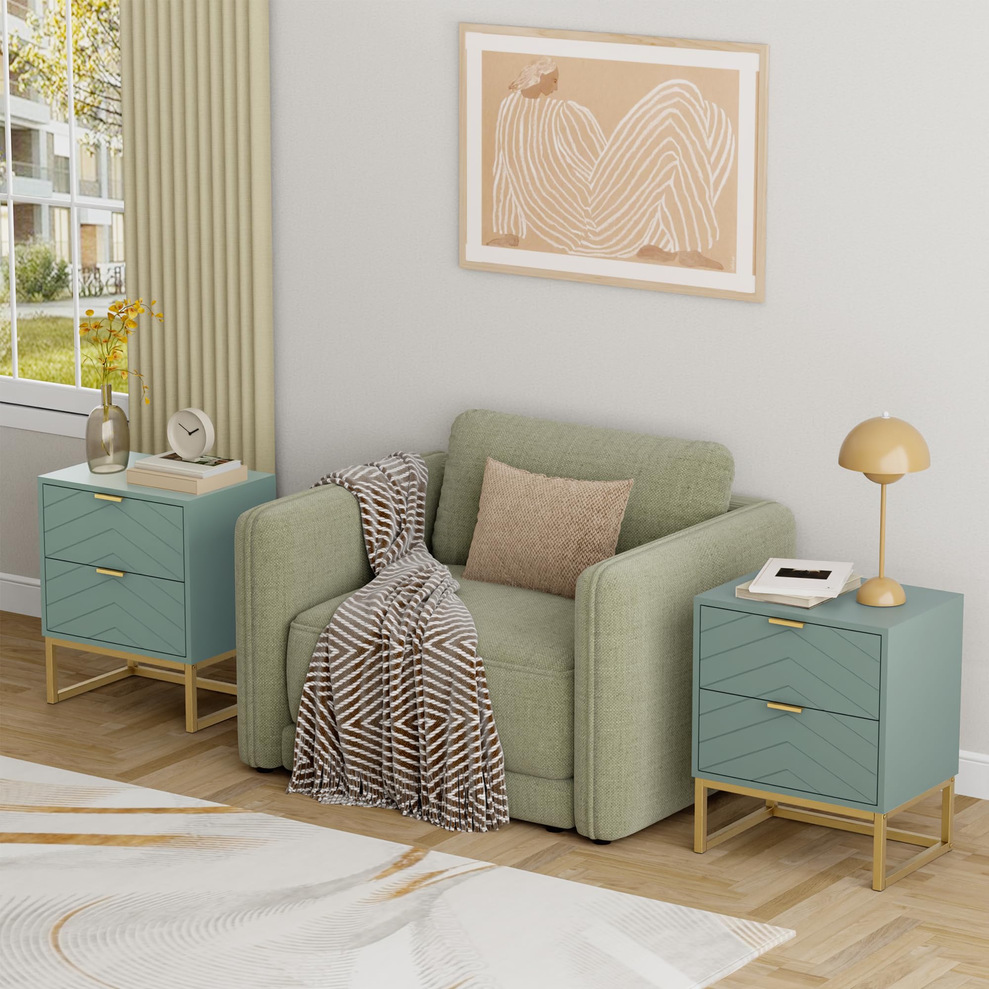 UEV Set di 2 Comodino Camera da Letto con Motivo a V, Mobile Camera da Letto con Miniglie e Piedini in Metallo, Comodino Moderno e Stabile, 46 x 33,5 x 56,5 cm, Verde