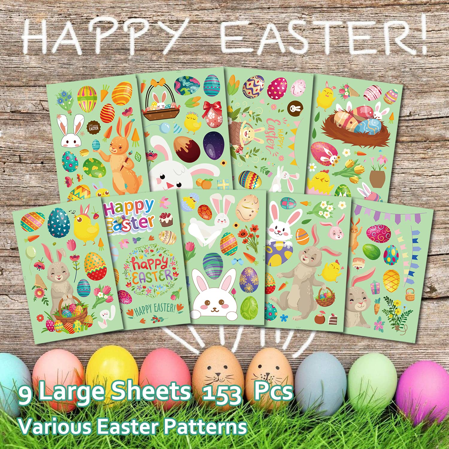 Easter Window Clings, 153 PCS 9 Sheets Happy Easter Decorations for Kids Spring Window Clings for Home Office Shop