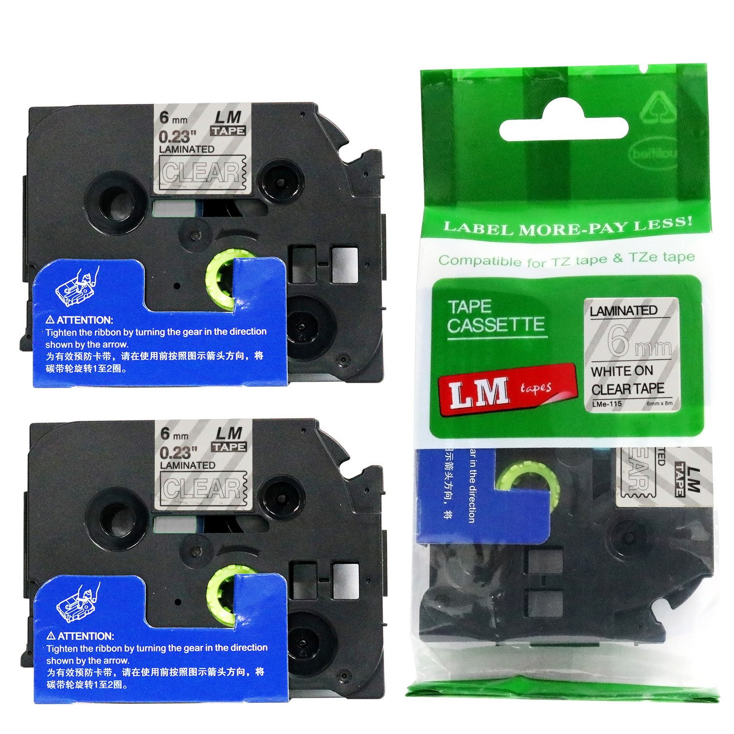 2/Pack LM Tapes - LMe-115 Premium 1/4" White Print on Clear Label Compatible with Brother TZe-115 P-Touch Tape TZe115 Includes a Tape Color/Size Guide
