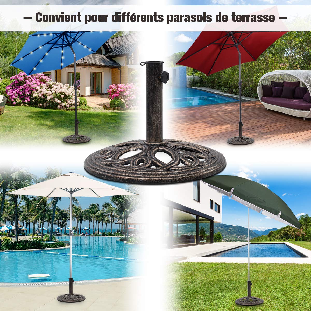 COSTWAY Pied de Parasol Rond en Fonte pour Mât ∅38-48mm