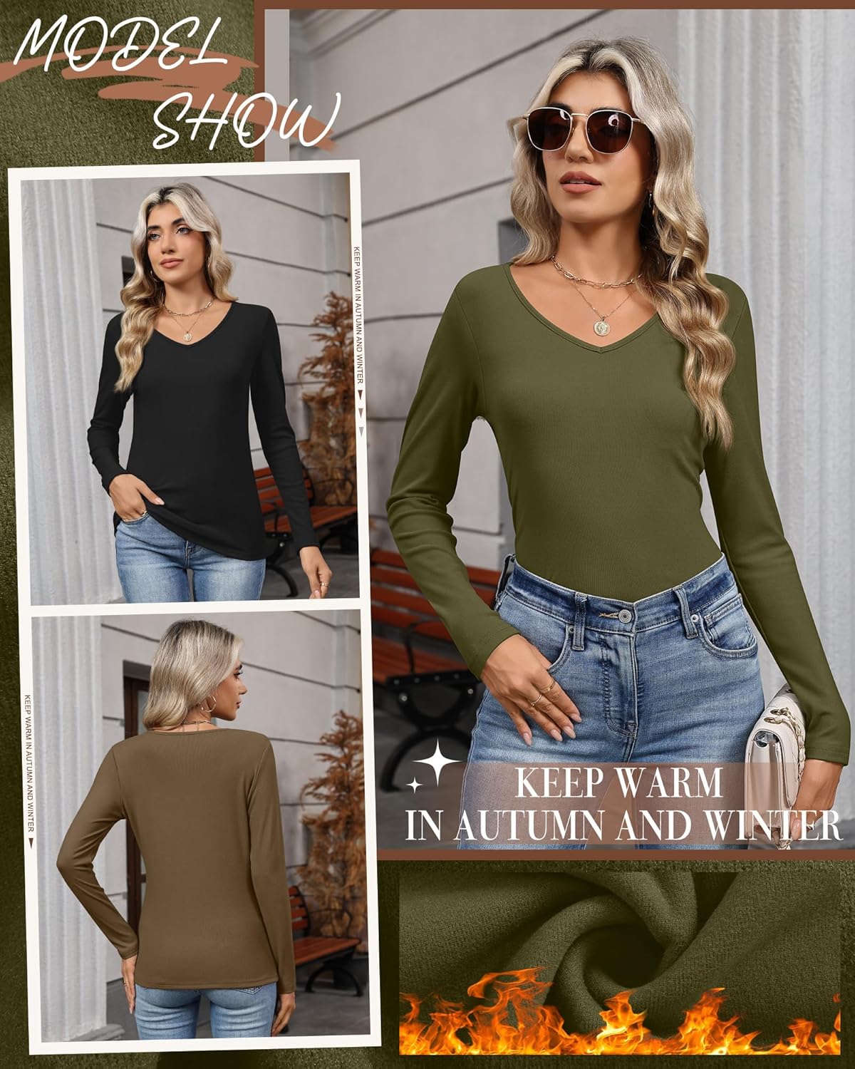 3 Pack Women's Thermal Shirts Long Sleeve V Neck Fleece Lined Undershirts Slim Fit Basic Tops Fall Winter Clothes - Image 2