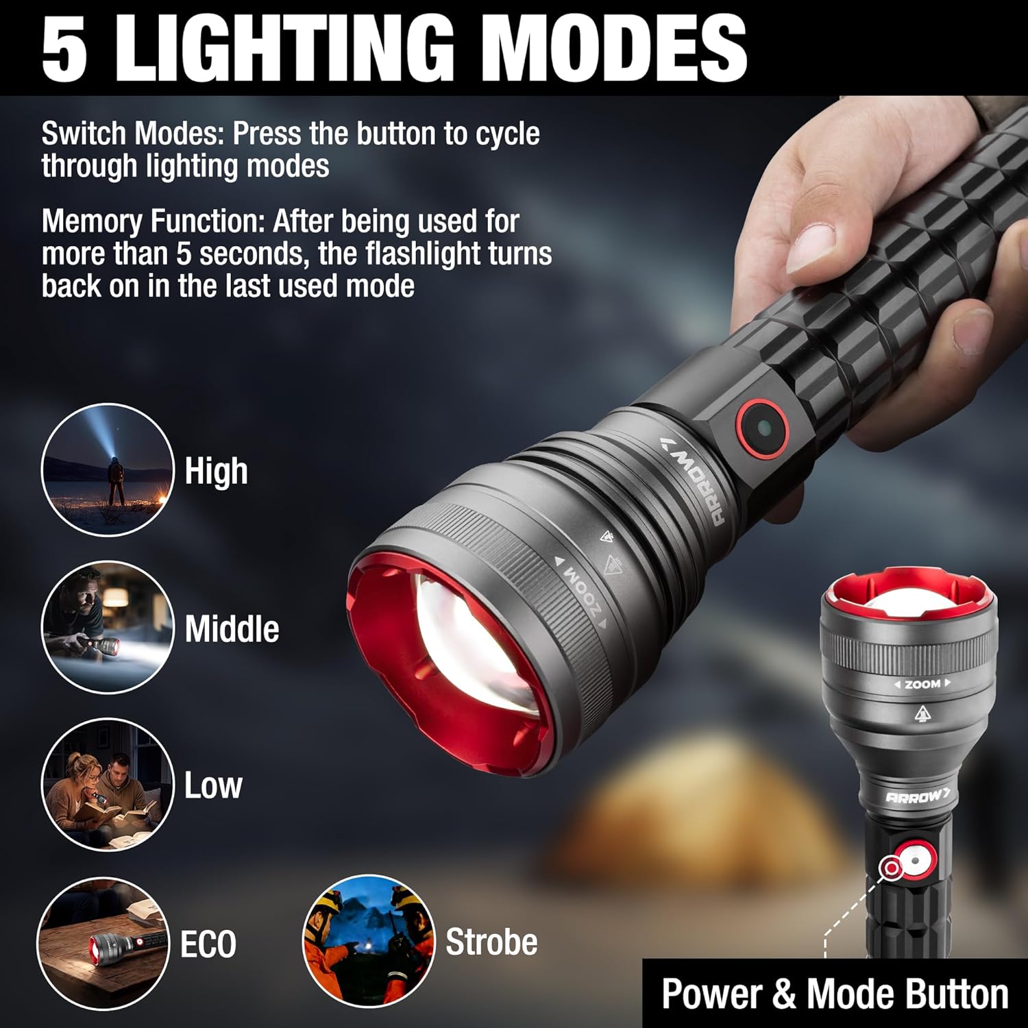 ARROW Rechargeable Flashlights 5000 Lumens, 5 Modes Bright LED Flashlight with Memory Function and ECO Mode, Zoomable Flash Light with 2*2600mAh Battery, USB-C Charging for Repair, Outdoor & Emergency