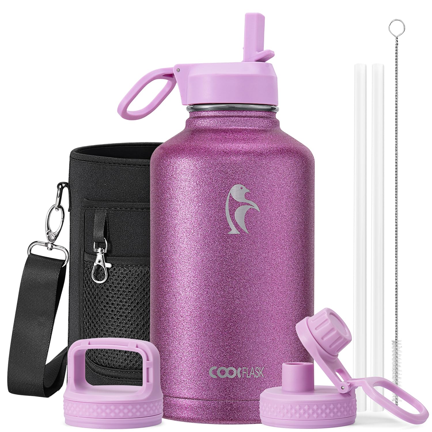 Coolflask Borraccia termica da 2l, con cannuccia e 3 coperchi, brocca per l'acqua da 2l, in acciaio inox, con imboccatura larga in metallo, per sport, palestra o ufficio, senza BPA, mantiene
