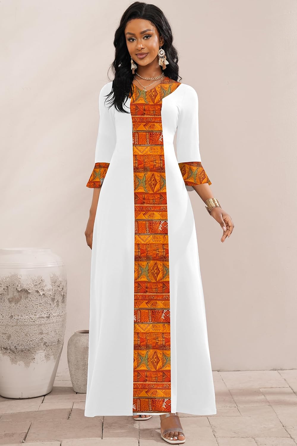 FANDEE Elegant Maxi Long V-Neck Casual Dress for Women, Bell Sleeve African Print Dresses for Cocktail Party(M-3XL) - Image 3