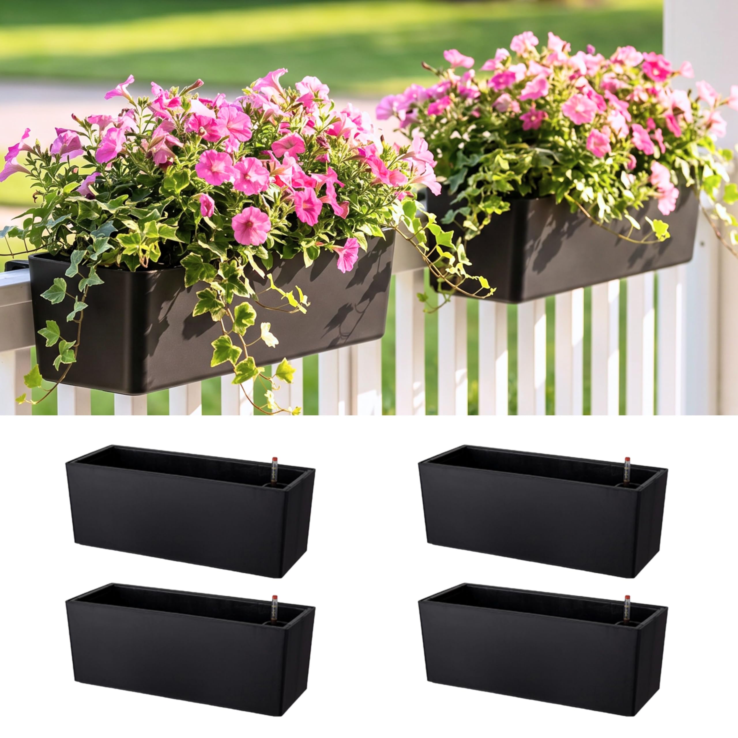 Photo 1 of LaLaGreen Deck Railing Planter Boxes (14 Inch, 4 Pack) Self-Watering Window Box Planters with Brackets, Rectangular Hanging Flower Pots for Balcony Fence, Herb Garden Outdoor Black Plastic Planters