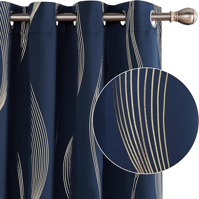 Deconovo Blackout Eyelet Curtains Thermal Insulated Gold Wave Line Foil Printed Curtains for Bedroom 46x54 Inch Navy Blue