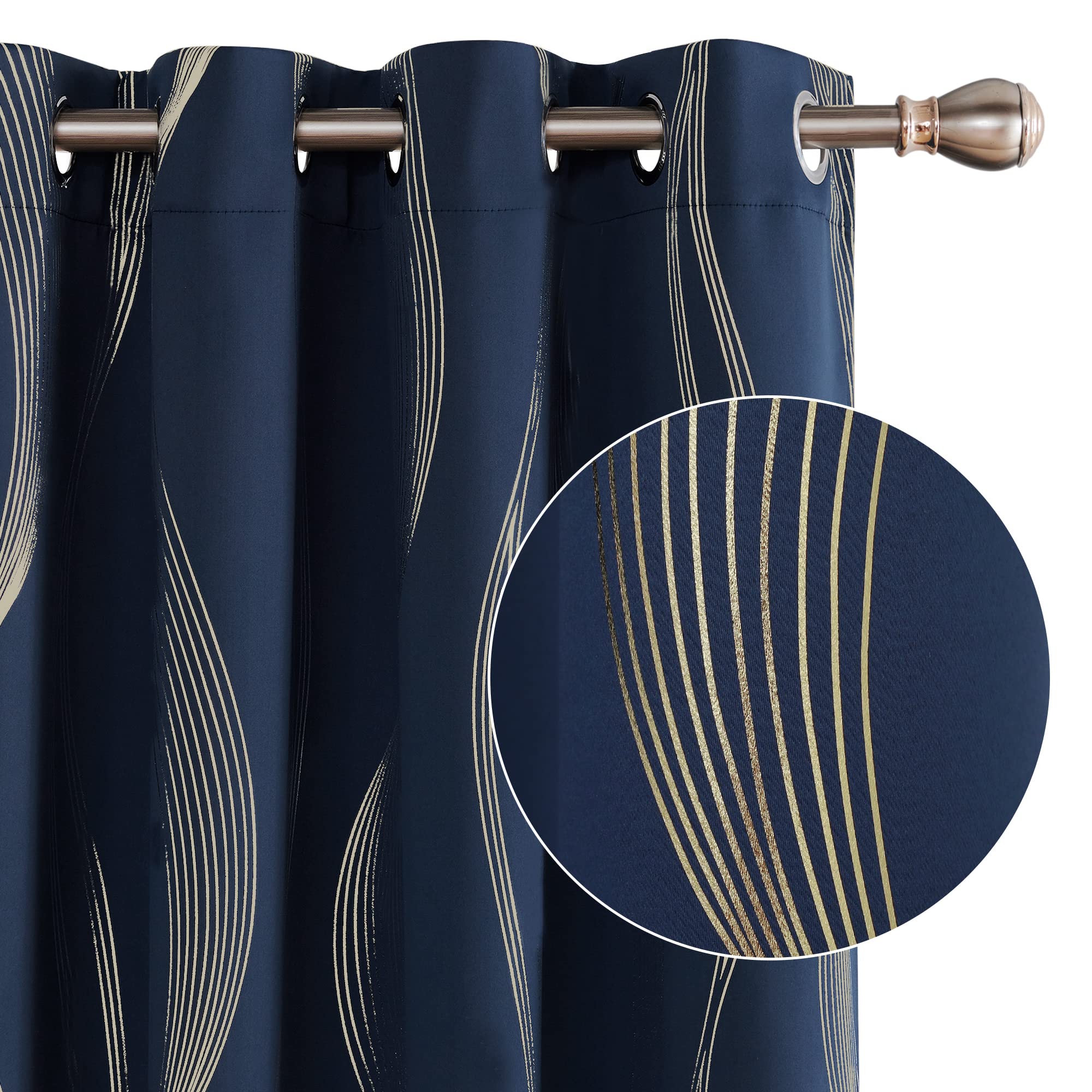 Deconovo Blackout Eyelet Curtains Thermal Insulated Gold Wave Line Foil Printed Curtains for Bedroom 46x90 Inch Navy Blue 2 Panels