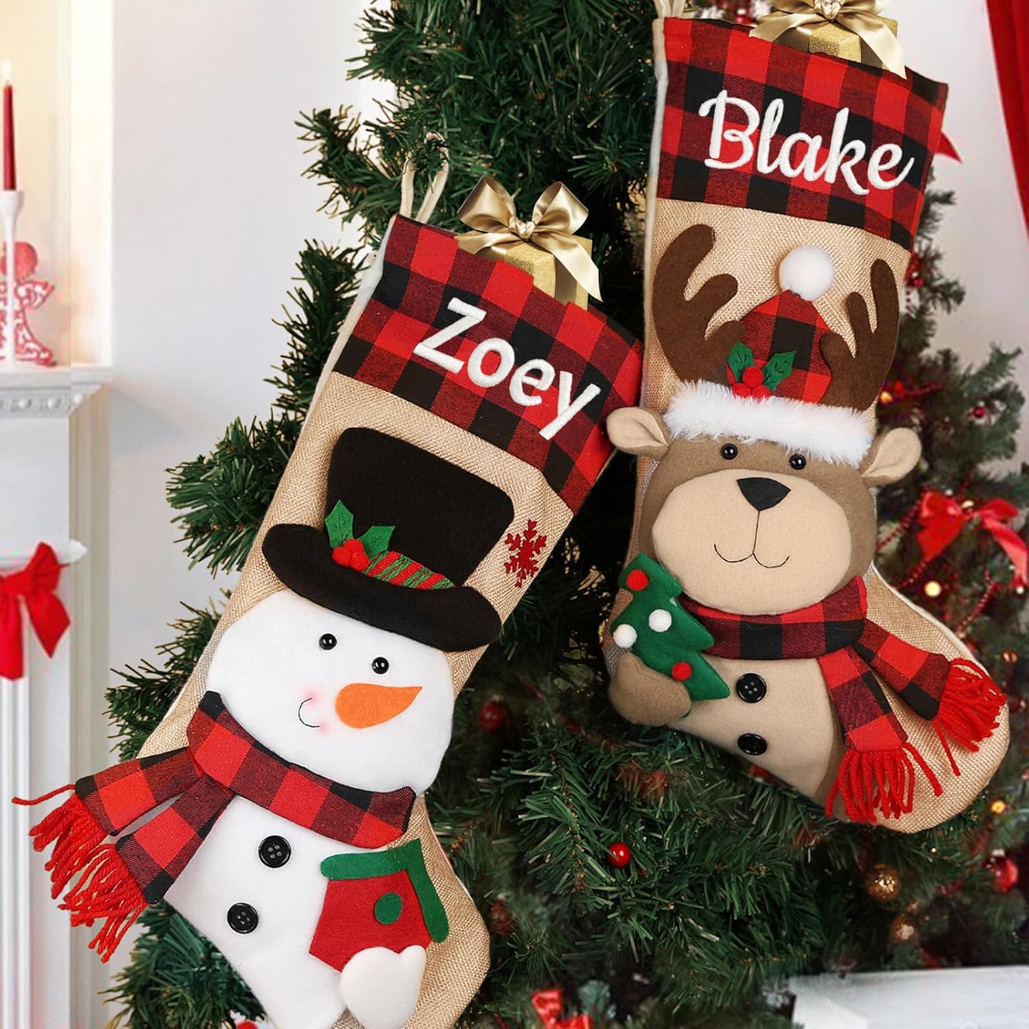 Personalized Christmas Stockings – Custom Name Large Christmas Stockings for Family – Festive Xmas Stockings with Names for Kids, 18” Large Santa,Snowman,Reindeer Fireplace Stockings (4 pcs)