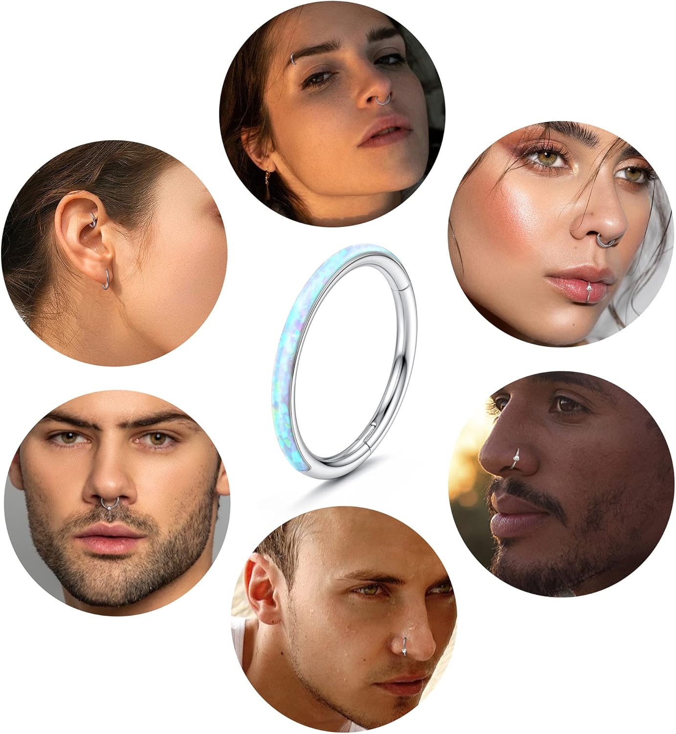 THUNARAZ 5Pcs 18G 16G Surgical Steel Nose Rings Hoop for Women CZ Opal Septum Hinged Clicker Segment Lip Rings Helix Cartilage Hoop Earring Rook Daith Seamless Body Piercing Rings for Women Men 8mm 10mm - Image 3