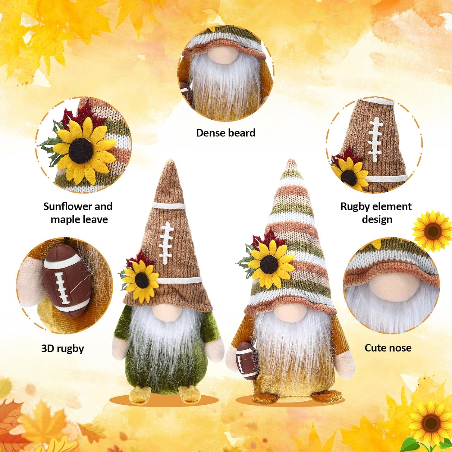 Weysat 2 Pcs Fall Football Gnomes Rugby Plush Decorations Cute Dwarf Gnome for Tiered Tray Mantel Shelf Table Decor Autumn Festival Home Decoration Sports Game Fans Gifts