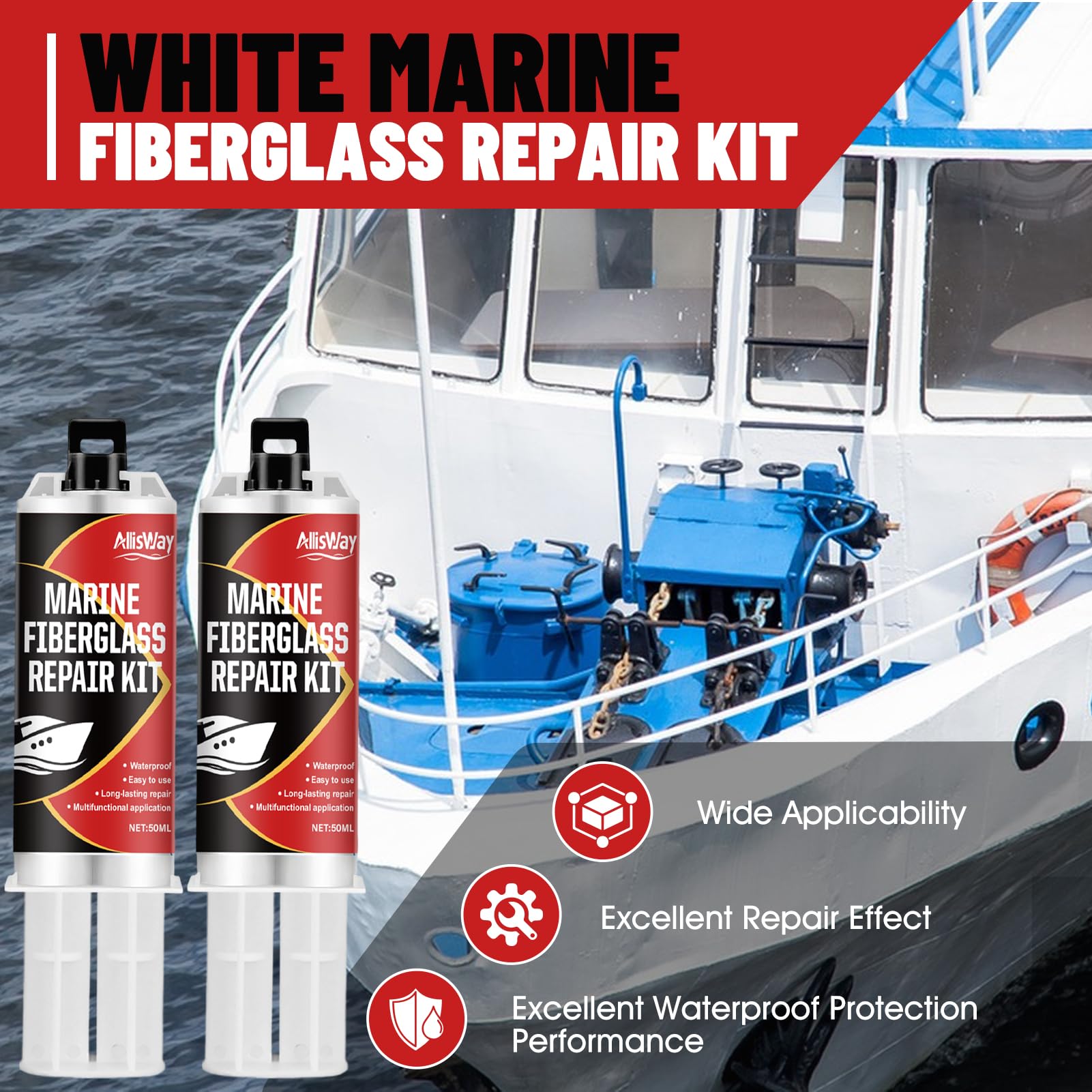 Kit Riparazione Vetroresina Bianco, Kit Vetroresina, Gelcoat Bianco Nautica, Adatto per Barche, Moto d'Acqua, Yacht, Tavole da Surf, Kayak, Impermeabile e Resistente all'Usura, 50 ml×2