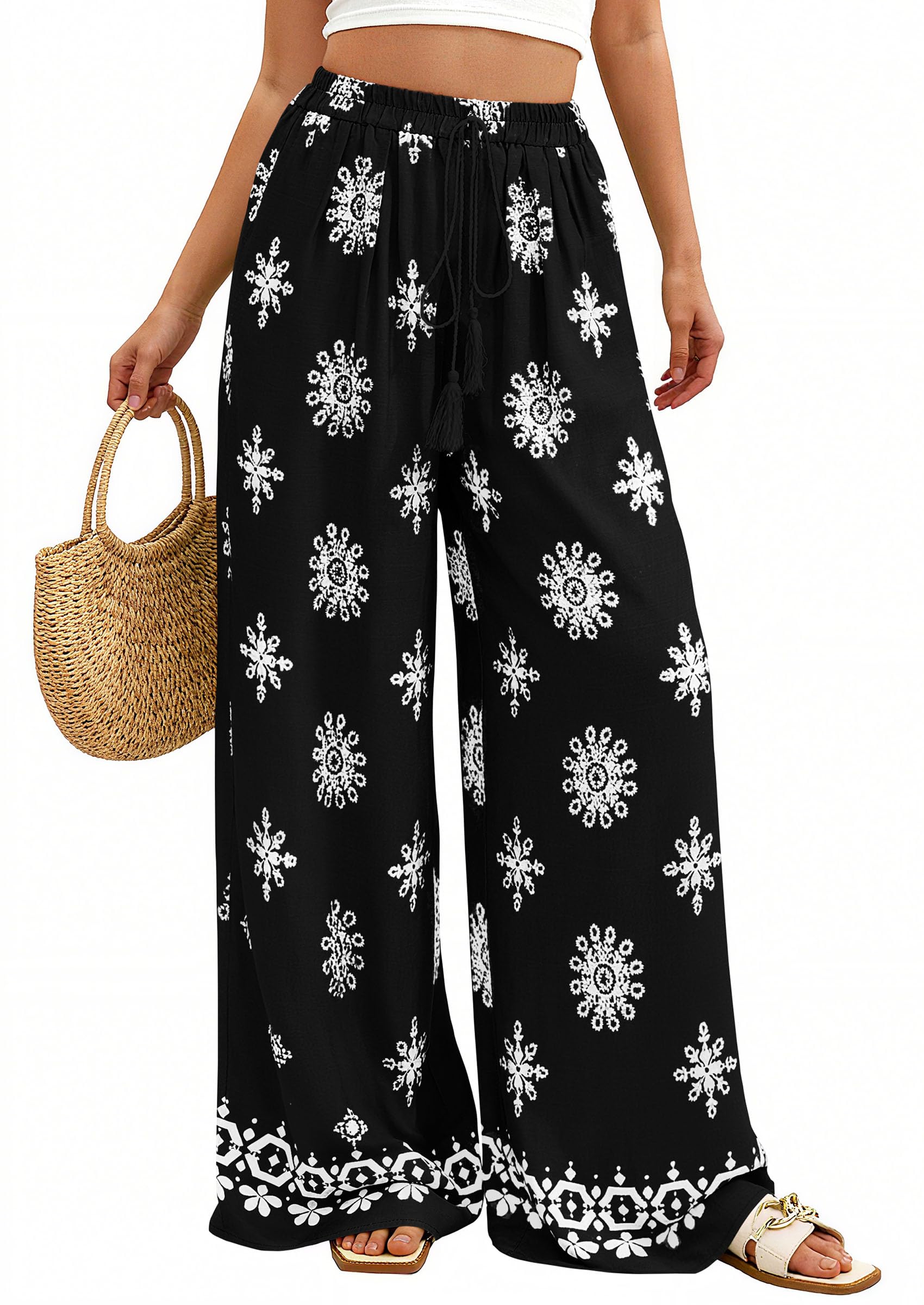 PRETTYGARDEN Wide Leg Flowy Boho Pants for Women