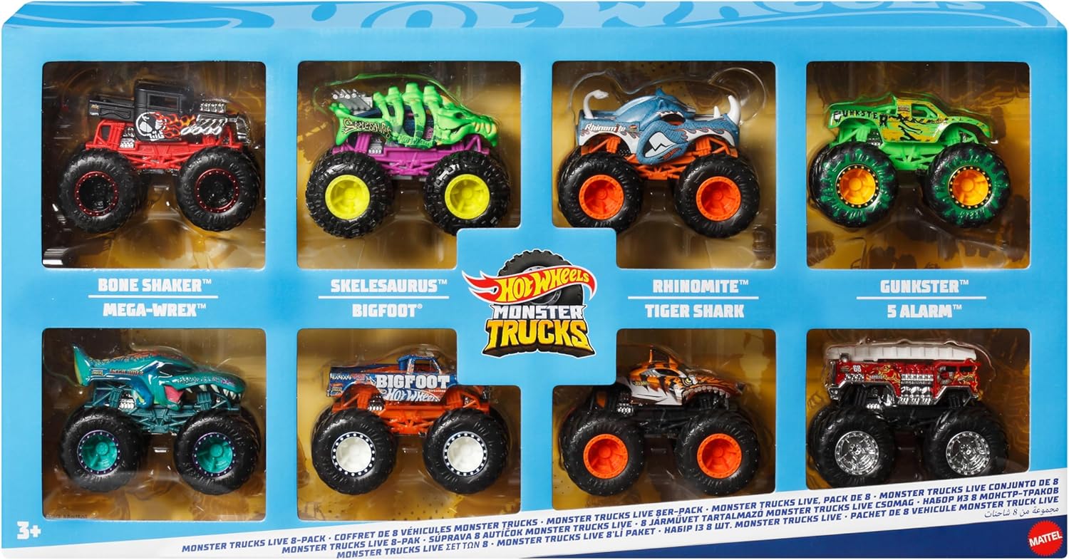 Hot Wheels -Monster Trucks, Set of 8 die-cast Toy Vehicles in The 1:64 Scale with Hero Figures and Fans' Favourite Figures from Monster Trucks Live and YouTube Series, JCW76