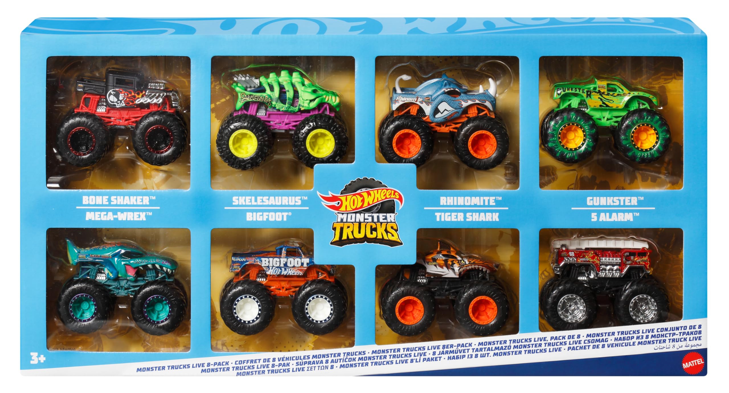 Hot Wheels -Monster Trucks, Set of 8 die-cast Toy Vehicles in The 1:64 Scale with Hero Figures and Fans' Favourite Figures from Monster Trucks Live and YouTube Series, JCW76